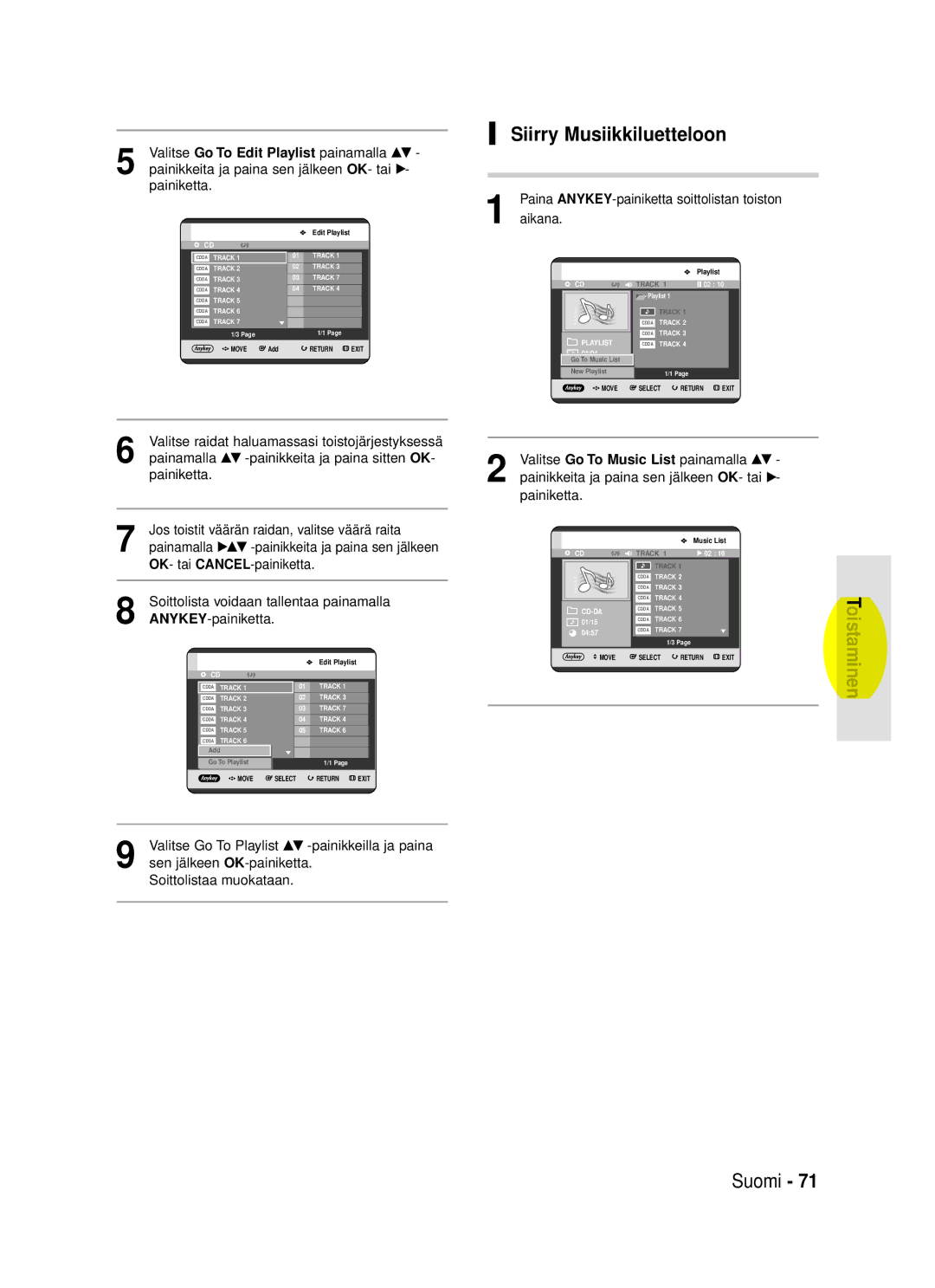 Samsung DVD-HR720/XEE manual Siirry Musiikkiluetteloon 