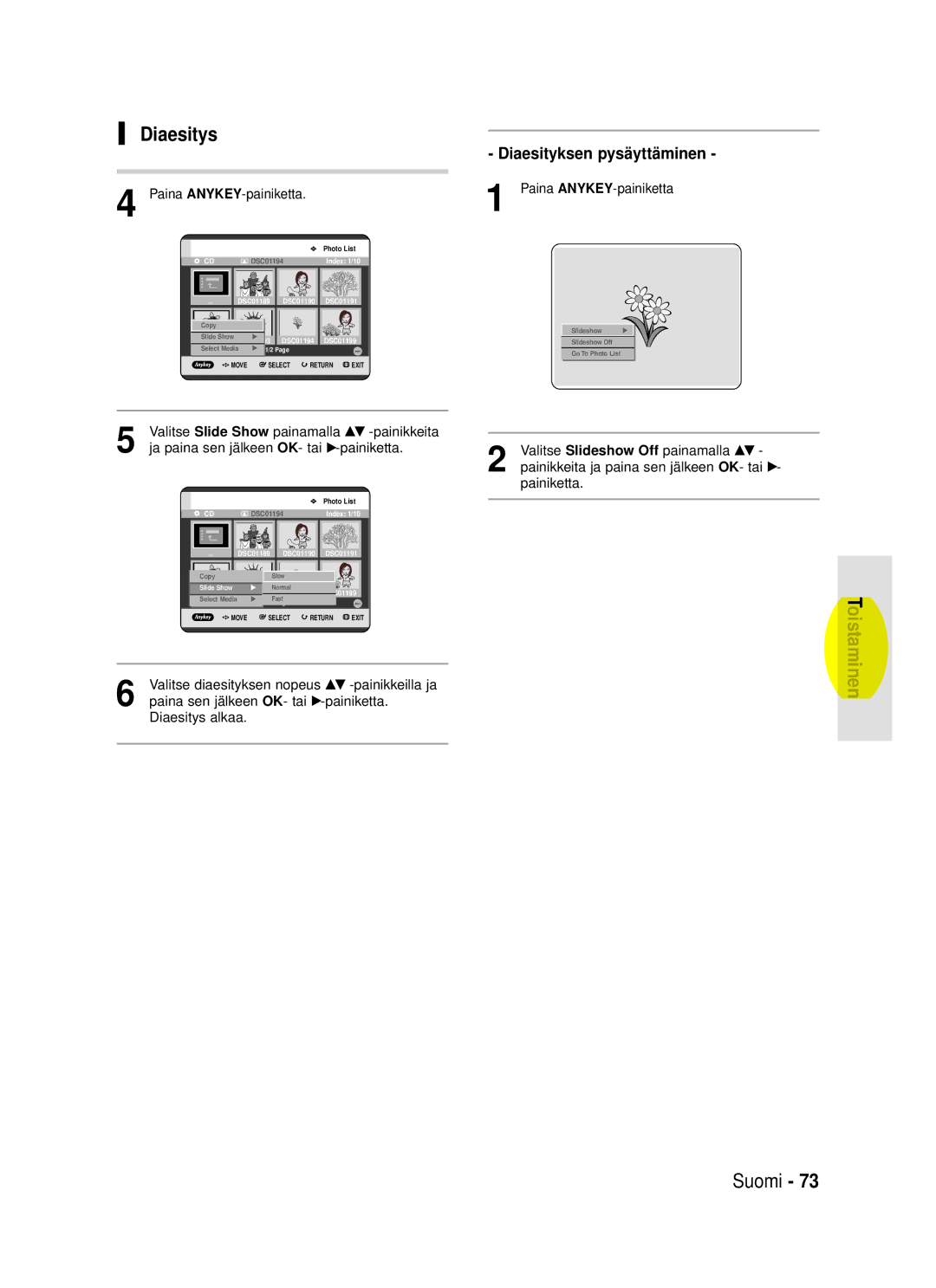 Samsung DVD-HR720/XEE manual Diaesitys, Diaesityksen pysäyttäminen 