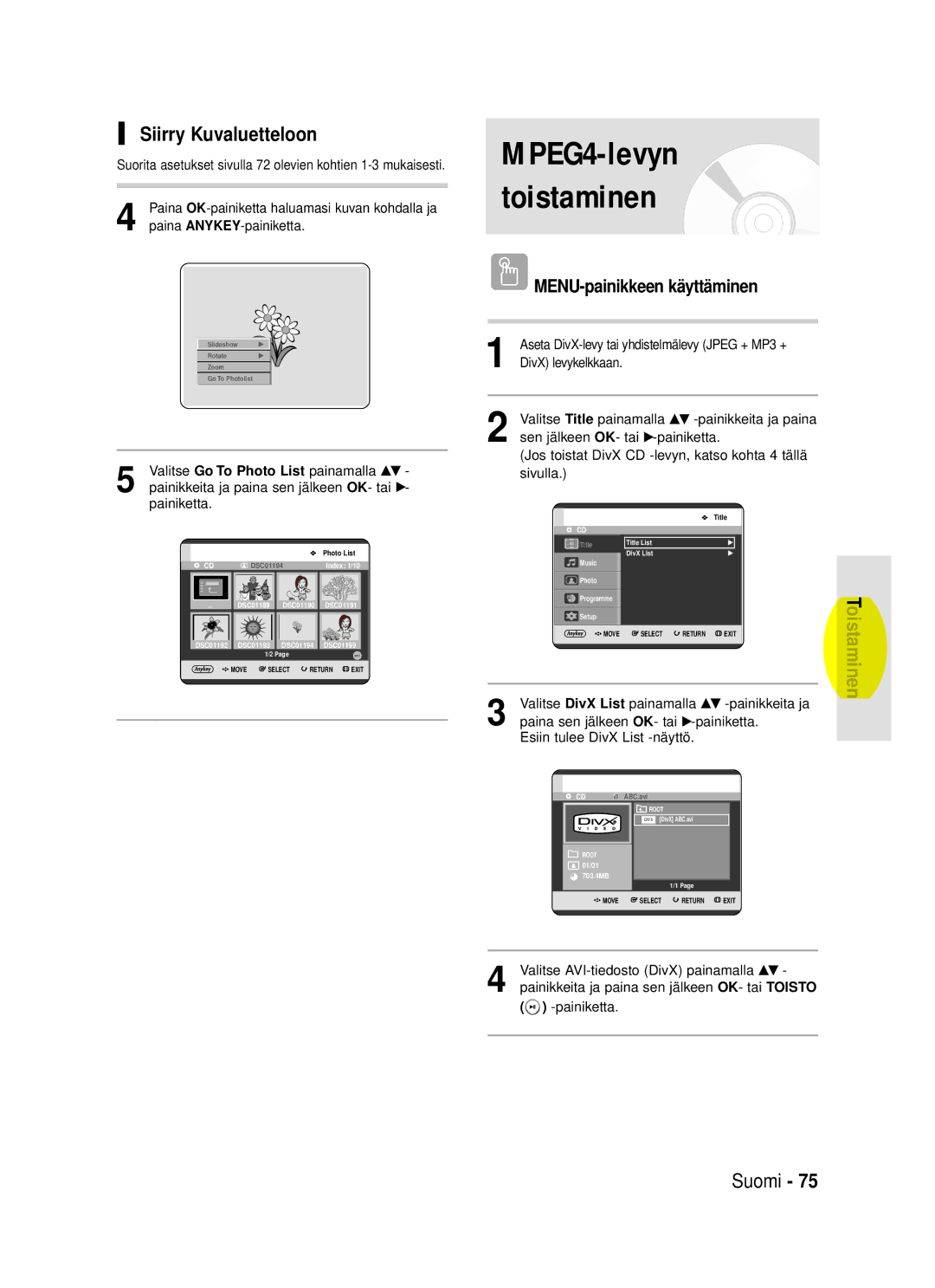 Samsung DVD-HR720/XEE manual Siirry Kuvaluetteloon, MENU-painikkeen käyttäminen, DivX levykelkkaan 