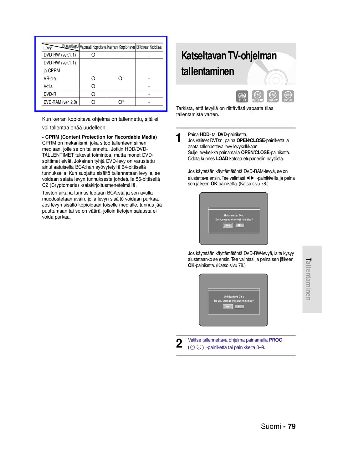 Samsung DVD-HR720/XEE manual Levy, Ja Cprm VR-tila Tila, Sen jälkeen OK-painiketta. Katso sivu 