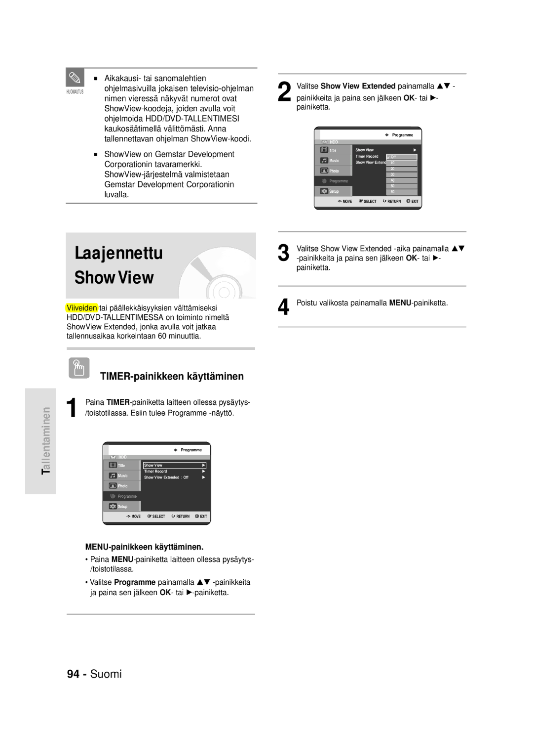 Samsung DVD-HR720/XEE manual Laajennettu ShowView 