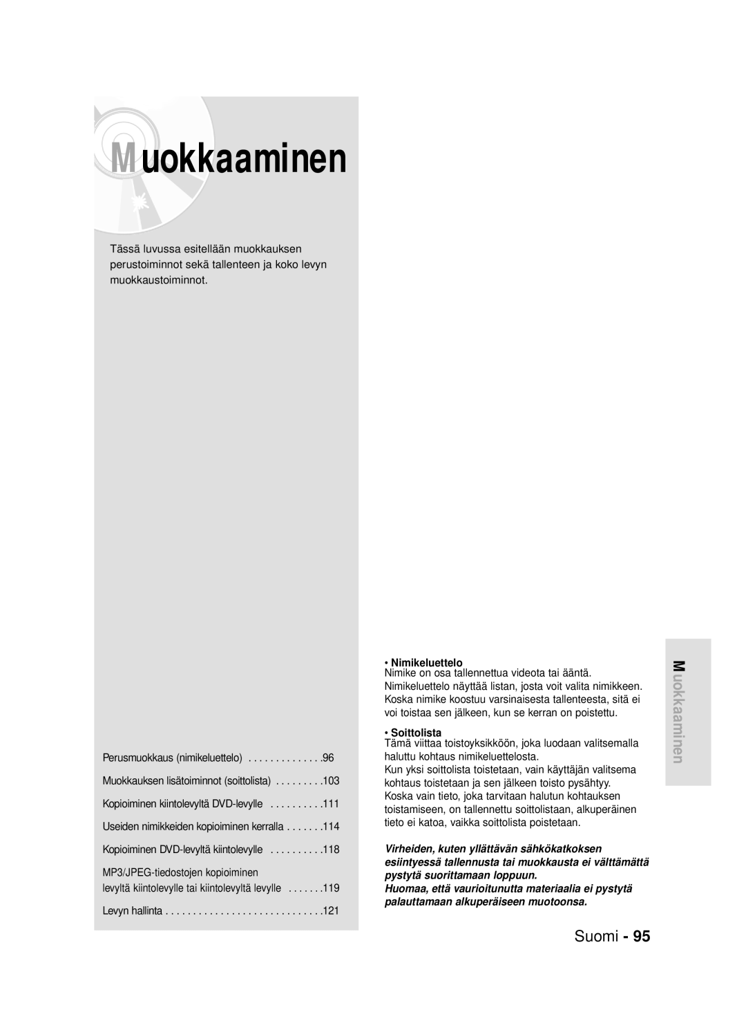 Samsung DVD-HR720/XEE manual MP3/JPEG-tiedostojen kopioiminen, Nimikeluettelo, Soittolista 