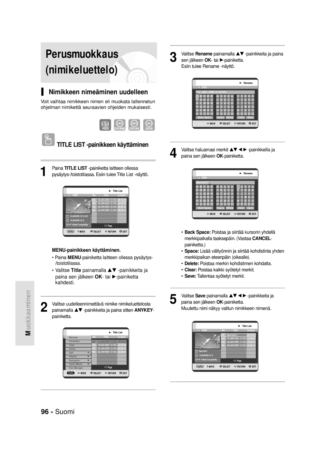 Samsung DVD-HR720/XEE manual Perusmuokkaus nimikeluettelo, Nimikkeen nimeäminen uudelleen 