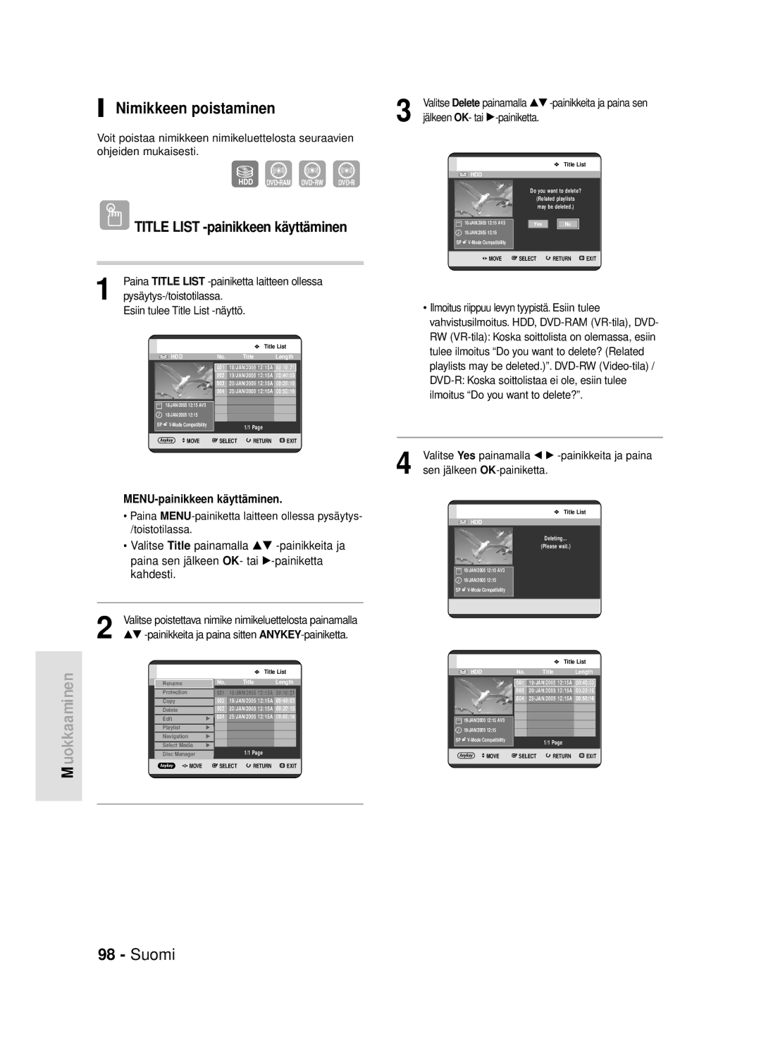 Samsung DVD-HR720/XEE manual Nimikkeen poistaminen, Jälkeen OK- tai √-painiketta 