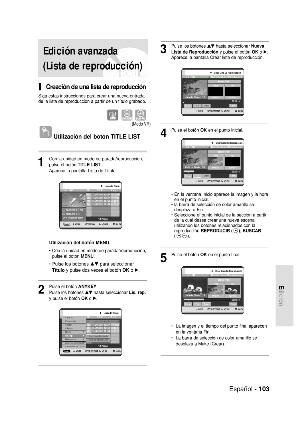 Samsung DVD-HR720/XEH manual Siga estas instrucciones para crear una nueva entrada, Reproducción Reproducir , Buscar 