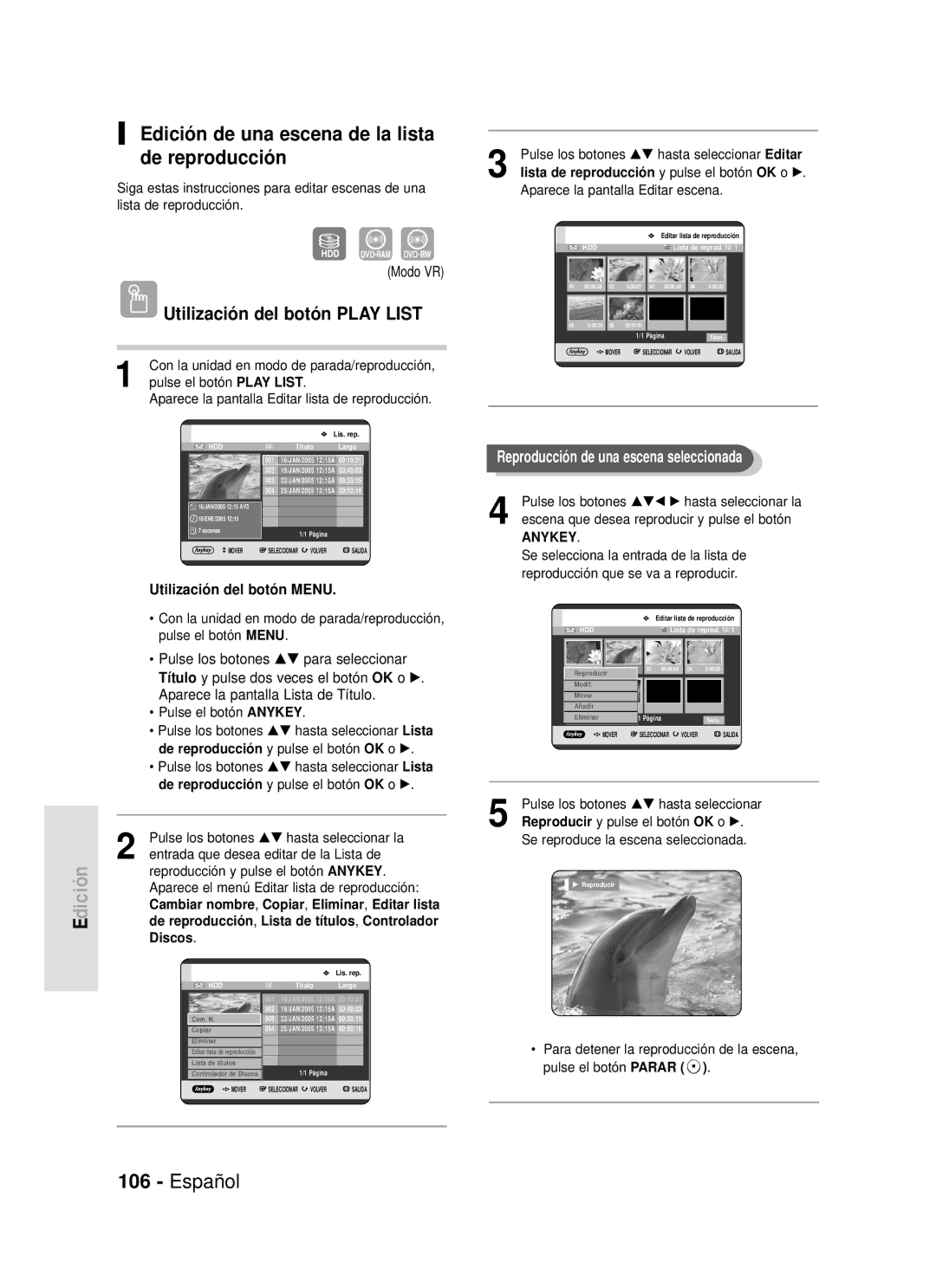 Samsung DVD-HR720/XEO Edición de una escena de la lista de reproducción, Pulse los botones …† hasta seleccionar Editar 