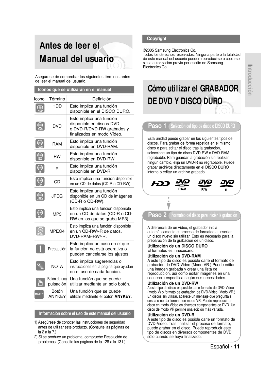 Samsung DVD-HR720/XEE Icono Término Definición, Esto implica una función, Disponible en el Disco Duro, Disponible en DVD-R 