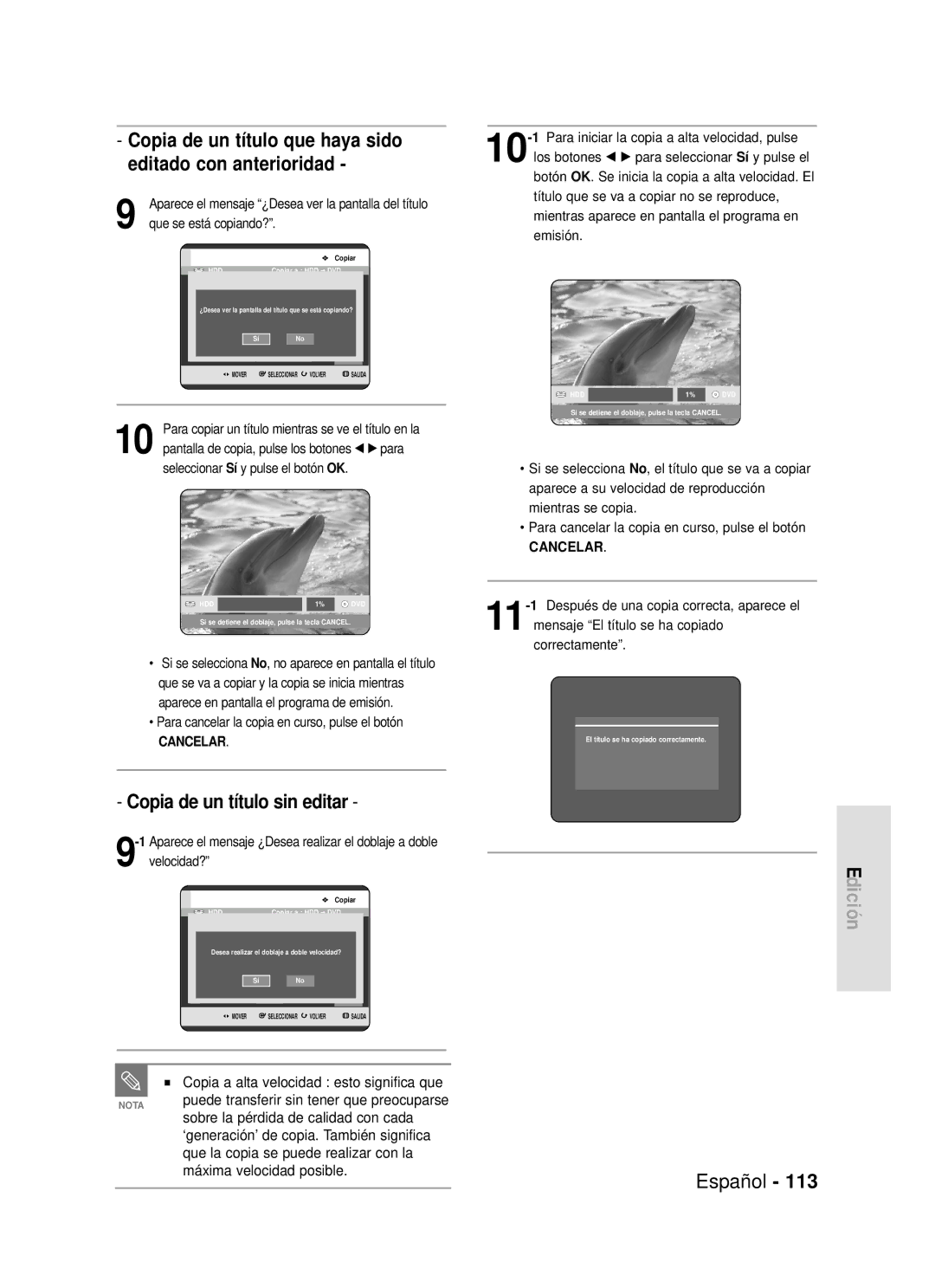 Samsung DVD-HR720/XEN manual Copia de un título sin editar, Copia de un título que haya sido editado con anterioridad 