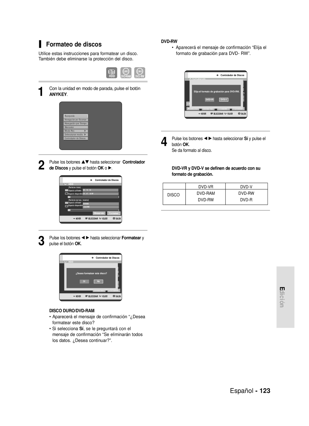 Samsung DVD-HR720/XEU, DVD-HR720/XEG, DVD-HR720/XEF, DVD-HR720/XET, DVD-HR720/XEC, DVD-HR720/XEN Formateo de discos, Dvd-Rw 