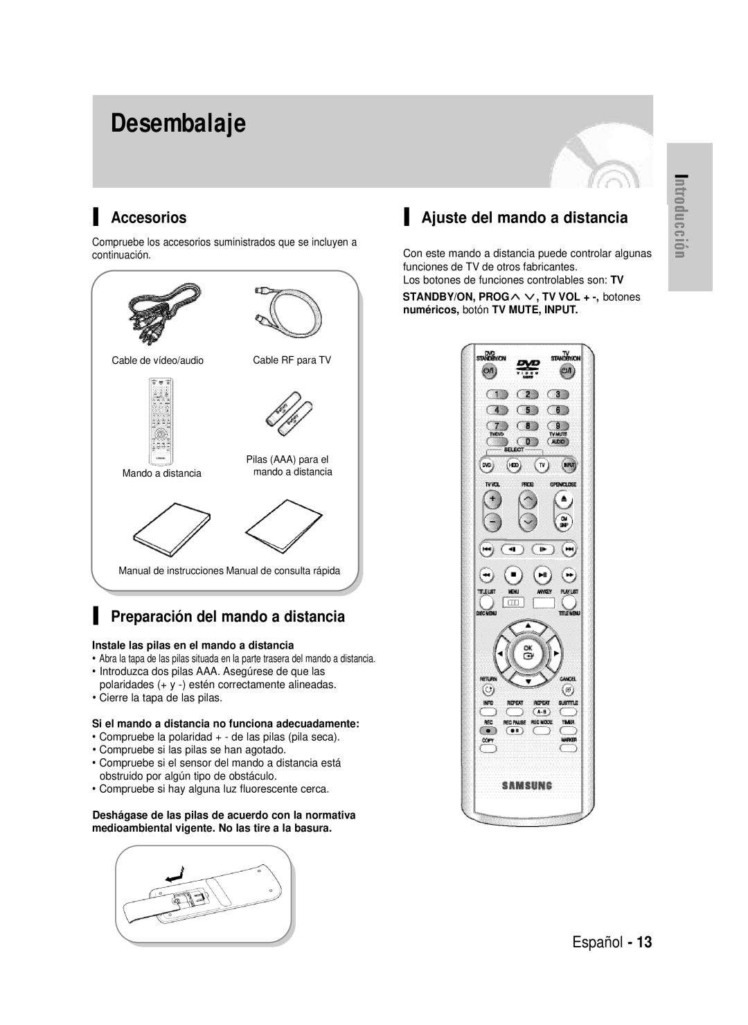 Samsung DVD-HR720/XEF, DVD-HR720/XEG manual Accesorios, Preparación del mando a distancia, Ajuste del mando a distancia 