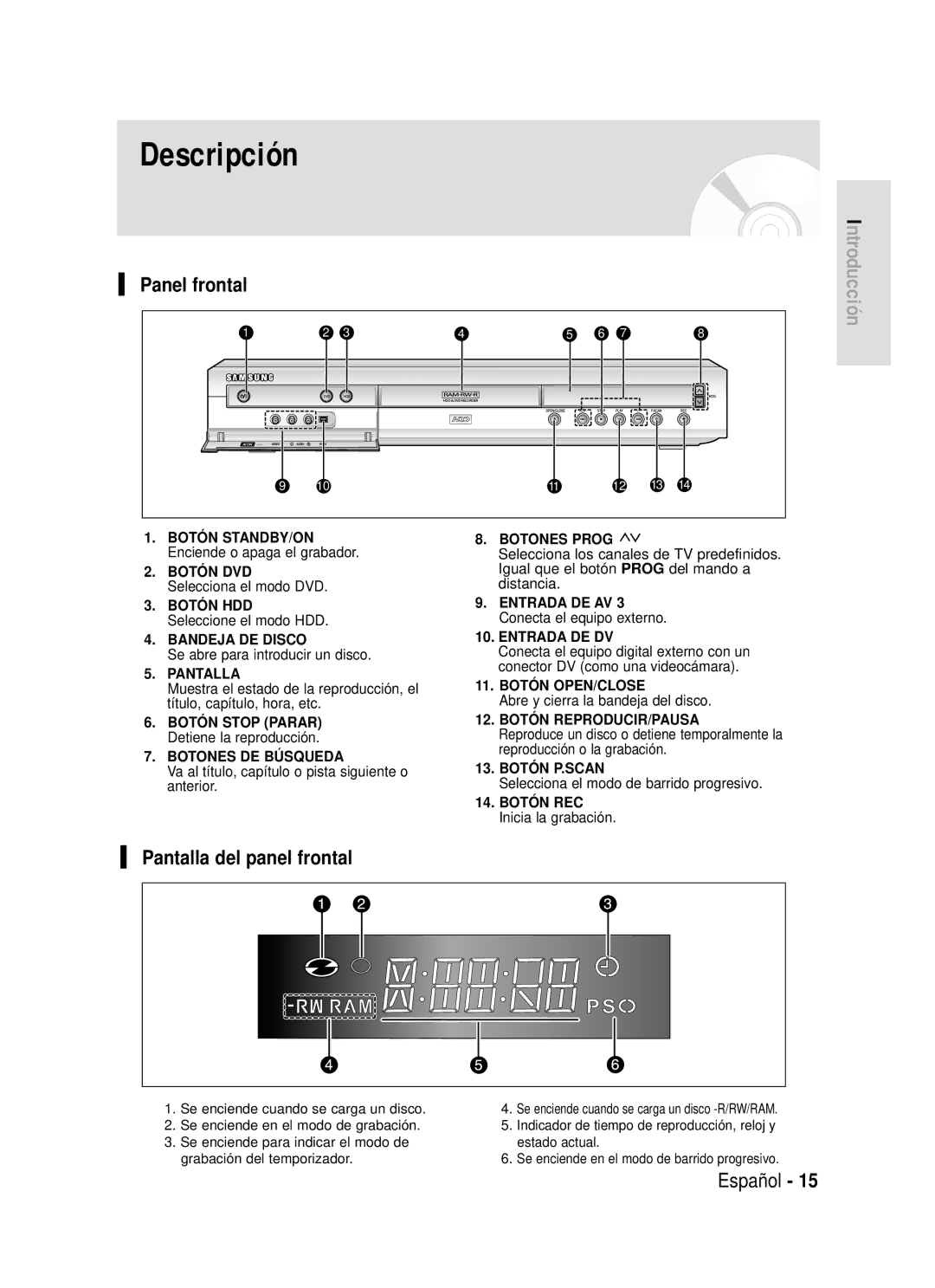 Samsung DVD-HR720/XEU, DVD-HR720/XEG, DVD-HR720/XEF, DVD-HR720/XET, DVD-HR720/XEC Panel frontal, Pantalla del panel frontal 