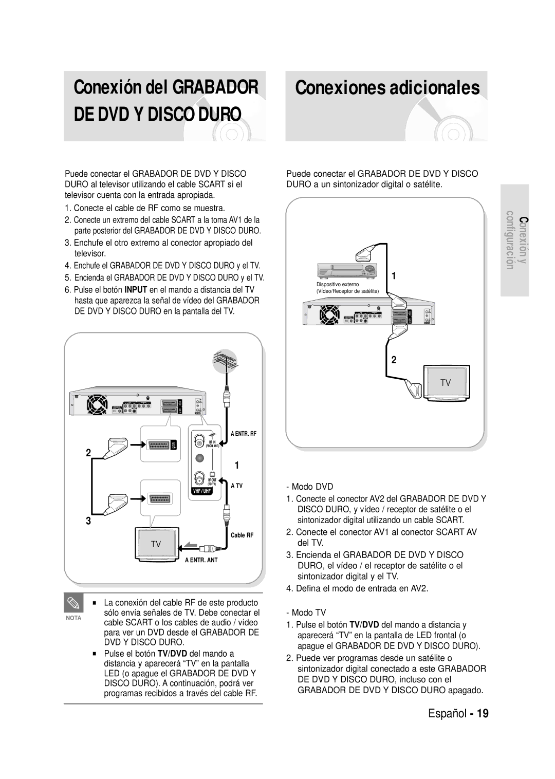 Samsung DVD-HR720/XEH, DVD-HR720/XEG manual Conexiones adicionales, Conecte el cable de RF como se muestra, Modo DVD 