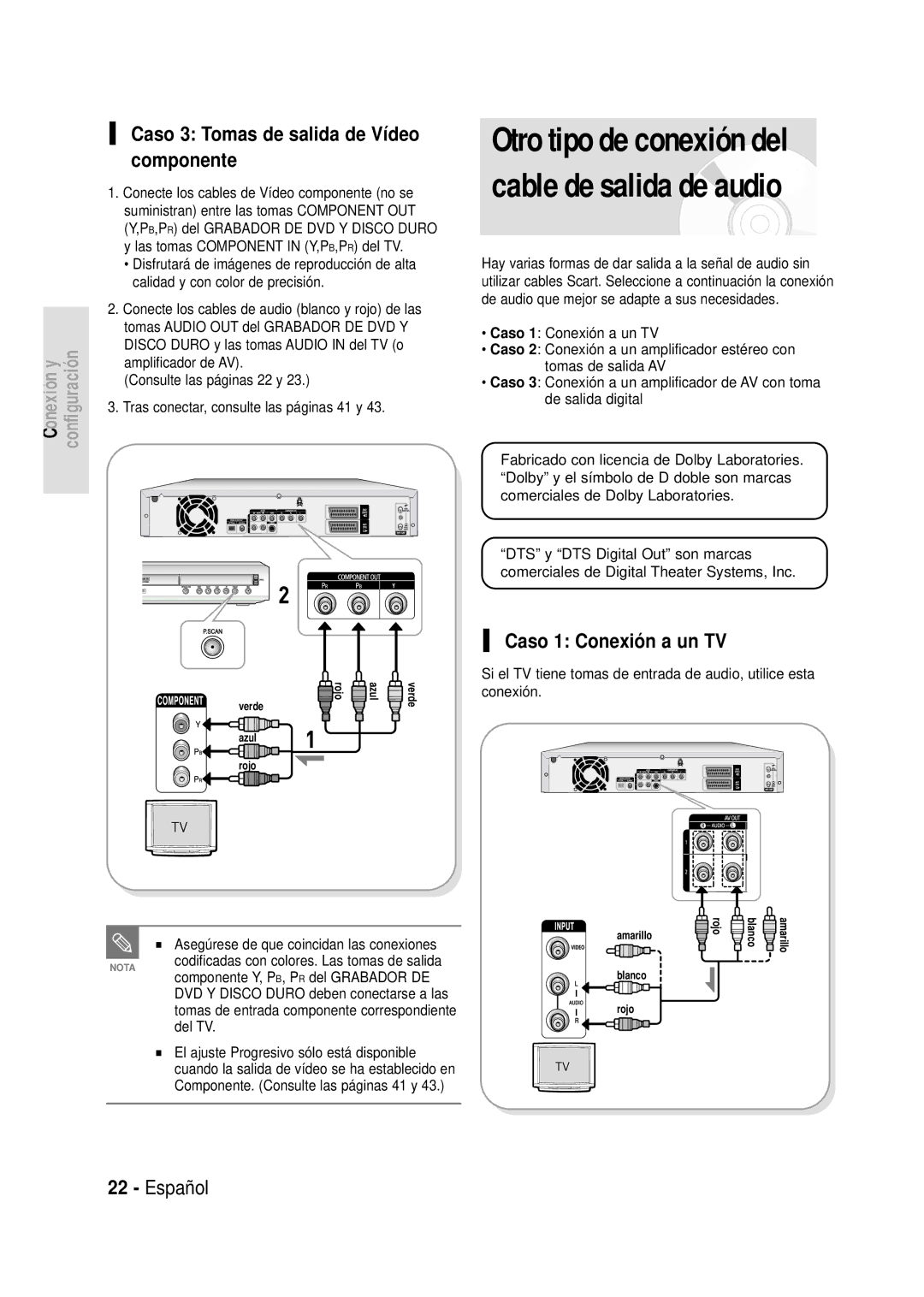 Samsung DVD-HR720/XEO Caso 3 Tomas de salida de Vídeo componente, Caso 1 Conexió n a un TV, Amplificador de AV, Del TV 