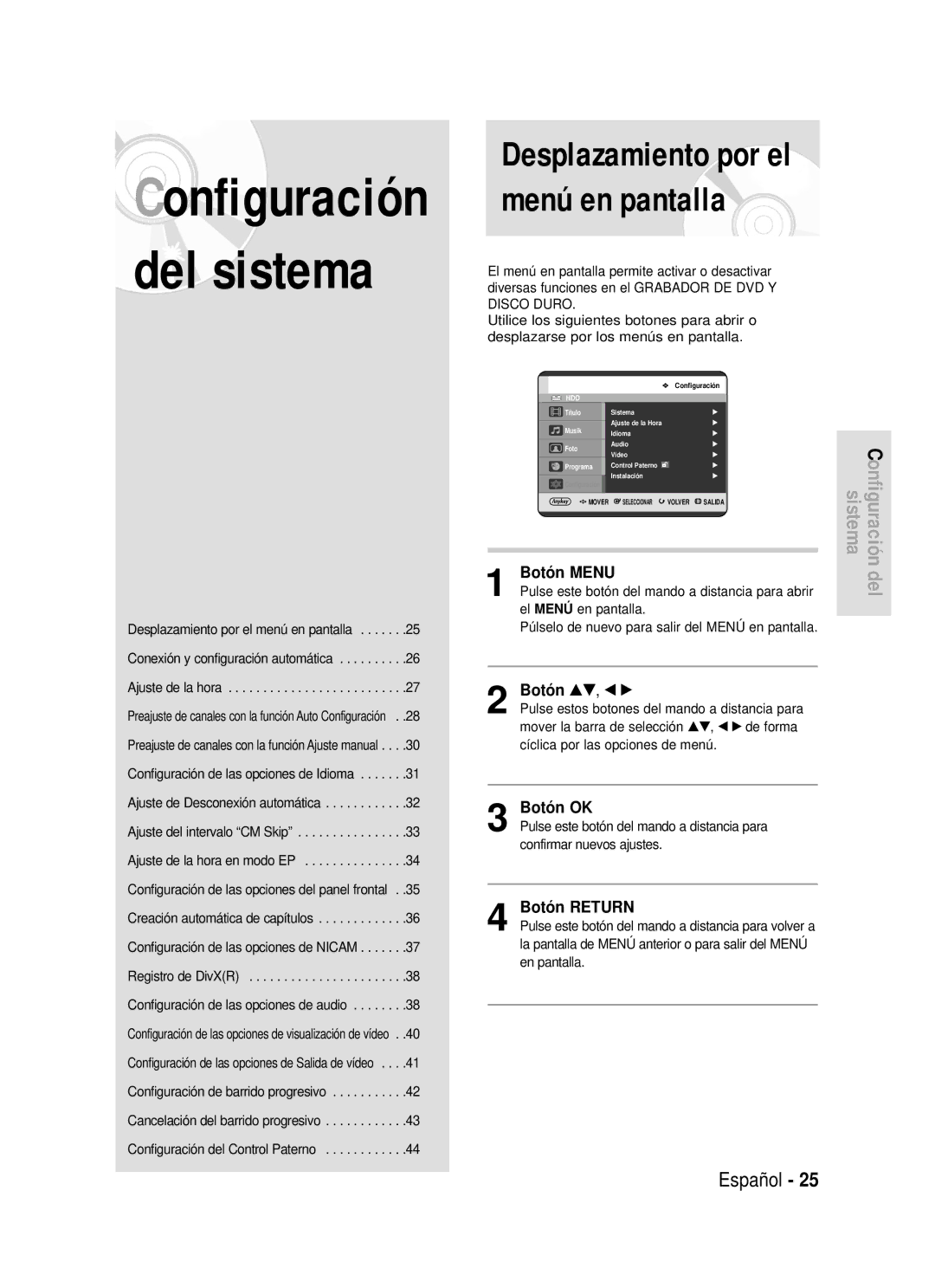 Samsung DVD-HR720/XEF, DVD-HR720/XEG, DVD-HR720/XET, DVD-HR720/XEU manual Botón Menu, Botón …†, œ √, Botón OK, Botón Return 