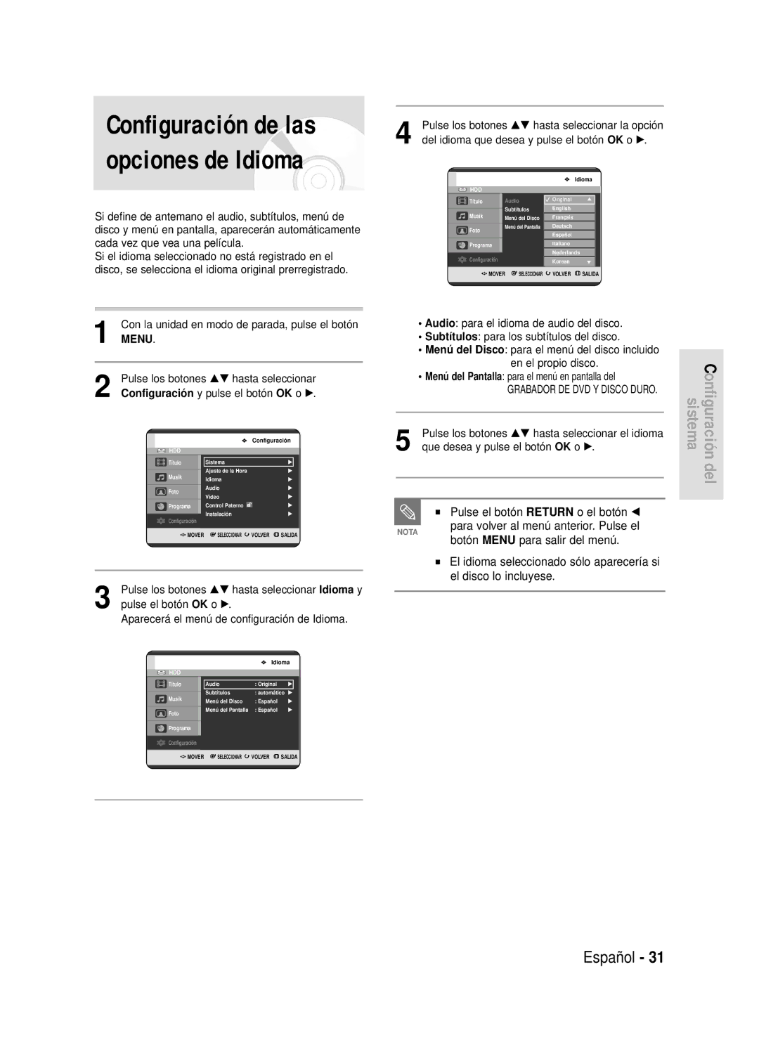 Samsung DVD-HR720/XEH, DVD-HR720/XEG manual Configuración de las opciones de Idioma, Pulse el botón Return o el botón œ 