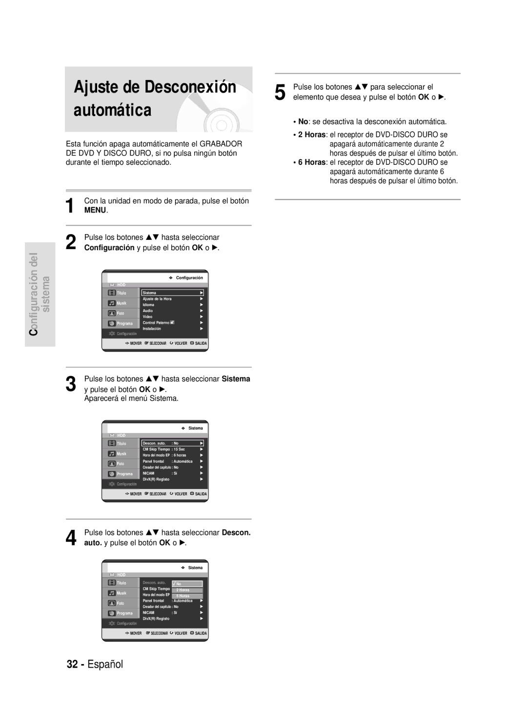 Samsung DVD-HR720/SED, DVD-HR720/XEG manual Ajuste de Desconexión automática, Pulse los botones …† hasta seleccionar Sistema 
