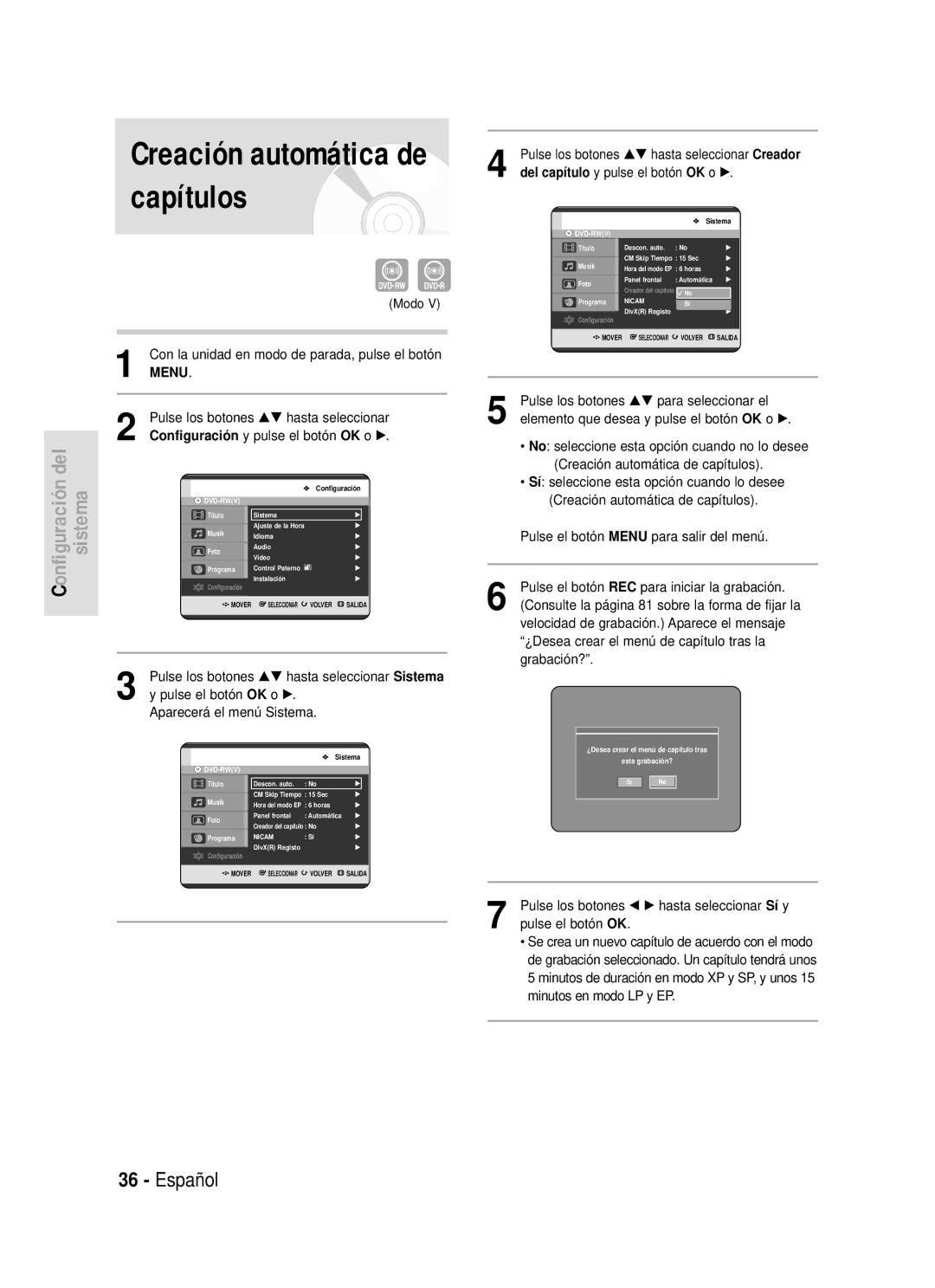 Samsung DVD-HR720/XEG manual Modo, Pulse los botones …† hasta seleccionar Creador, Del capítulo y pulse el botón OK o √ 