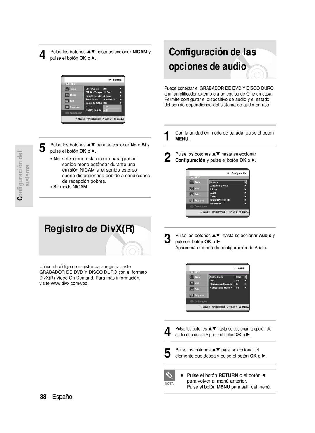 Samsung DVD-HR720/XET, DVD-HR720/XEG, DVD-HR720/XEF, DVD-HR720/XEU Registro de DivXR, Configuración de las opciones de audio 