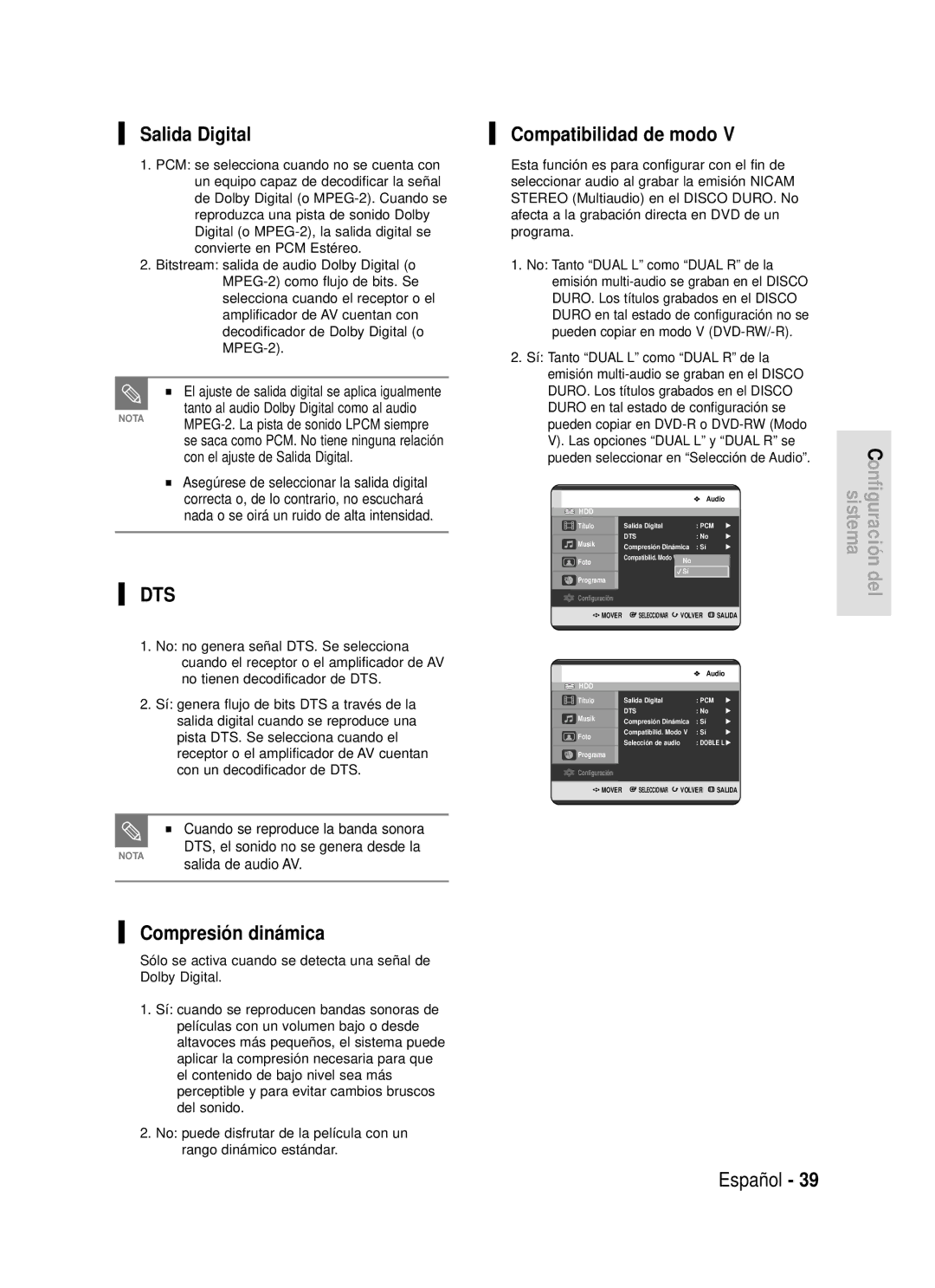 Samsung DVD-HR720/XEU, DVD-HR720/XEG, DVD-HR720/XEF manual Salida Digital, Compatibilidad de modo, Compresión dinámica 