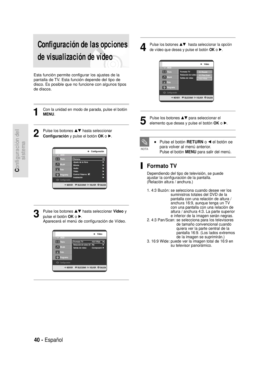 Samsung DVD-HR720/XEC, DVD-HR720/XEG, DVD-HR720/XEF, DVD-HR720/XET Formato TV, De vídeo que desea y pulse el botón OK o √ 