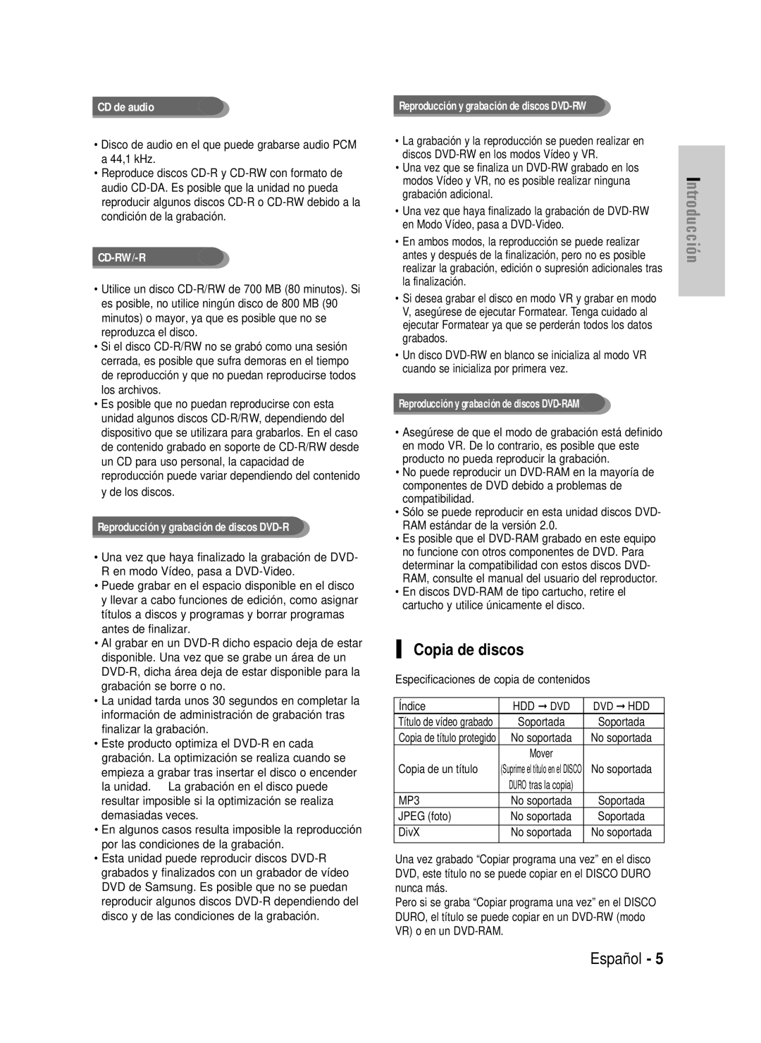 Samsung DVD-HR720/XEN Copia de discos, Especificaciones de copia de contenidos Índice, Copia de un título, Jpeg foto, DivX 