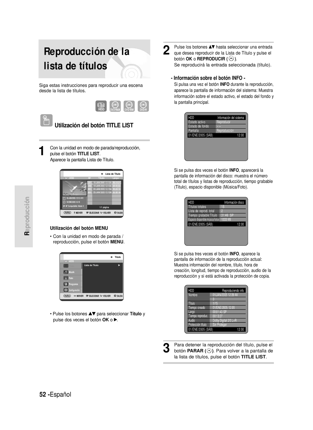 Samsung DVD-HR720/XEC Utilización del botón Title List, Información sobre el botón Info, Con la unidad en modo de parada 