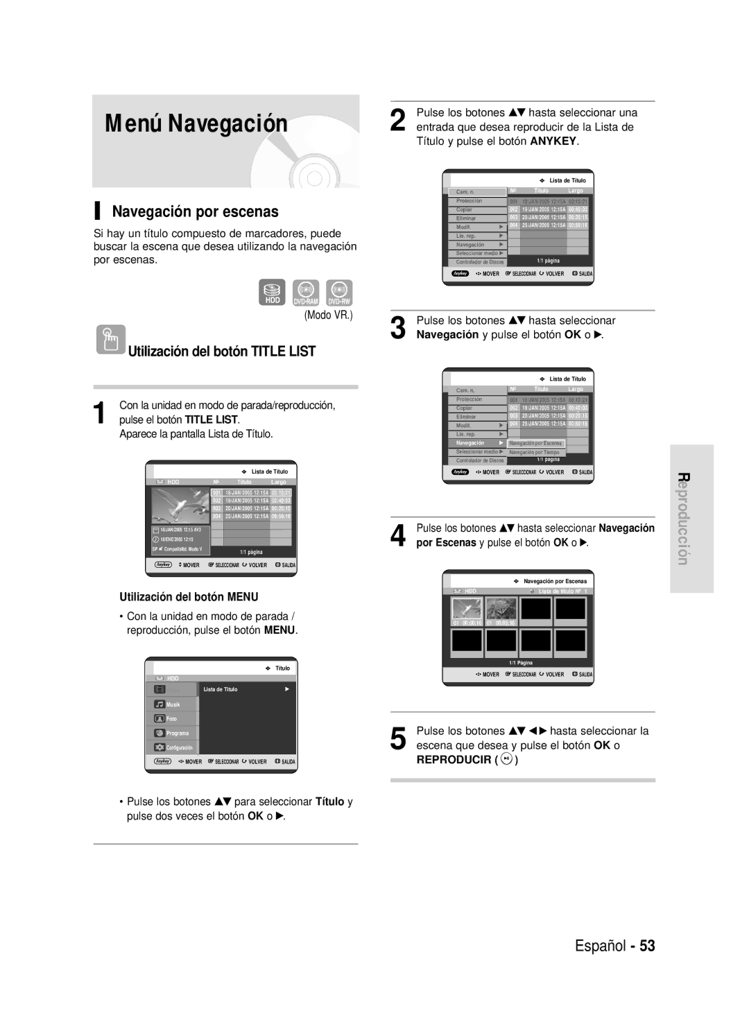 Samsung DVD-HR720/XEN, DVD-HR720/XEG, DVD-HR720/XEF, DVD-HR720/XET manual Menú Navegación, Navegación por escenas, Modo VR 