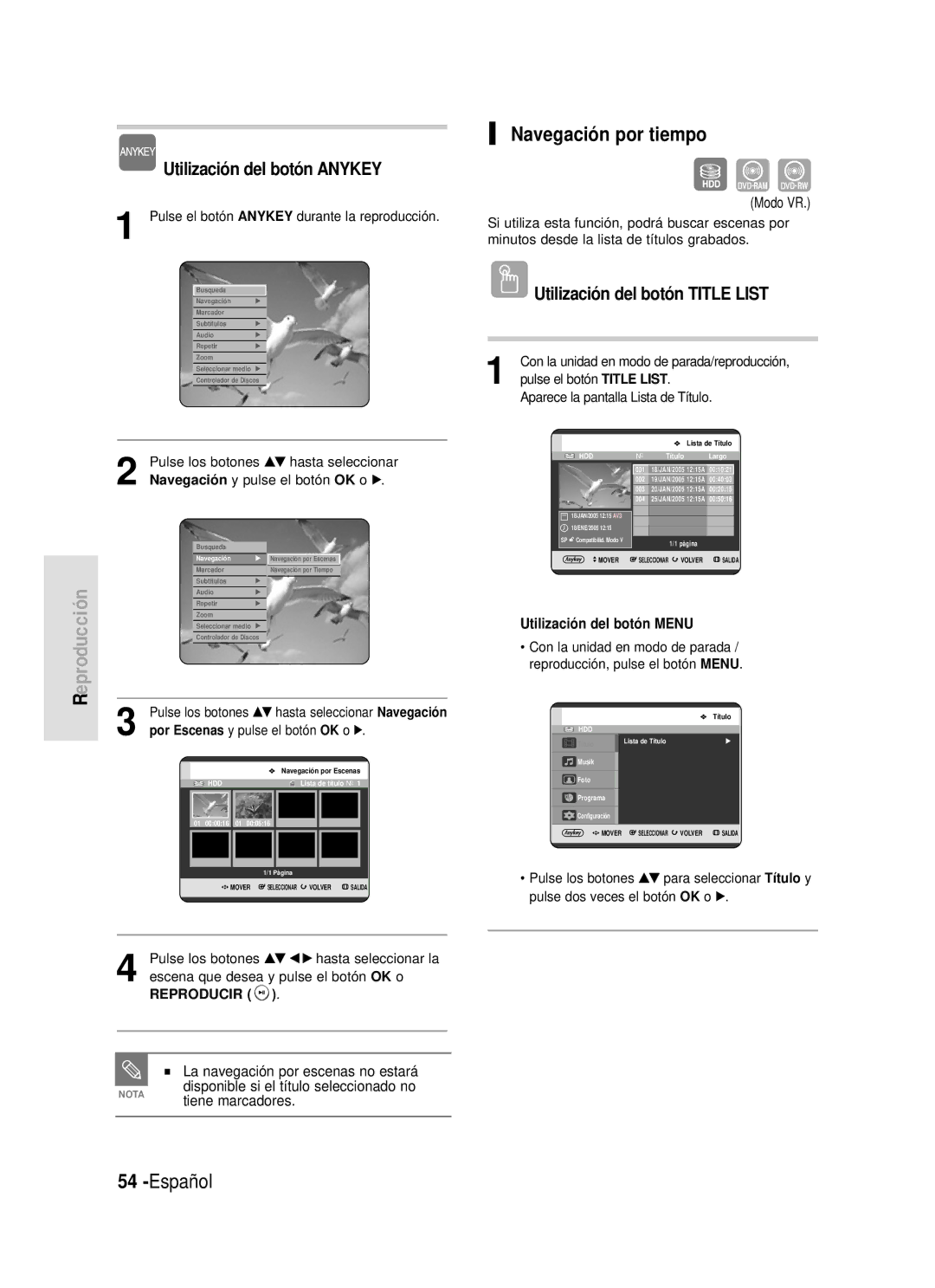 Samsung DVD-HR720/XEB manual Navegación por tiempo, Utilización del botón Anykey, La navegación por escenas no estará 