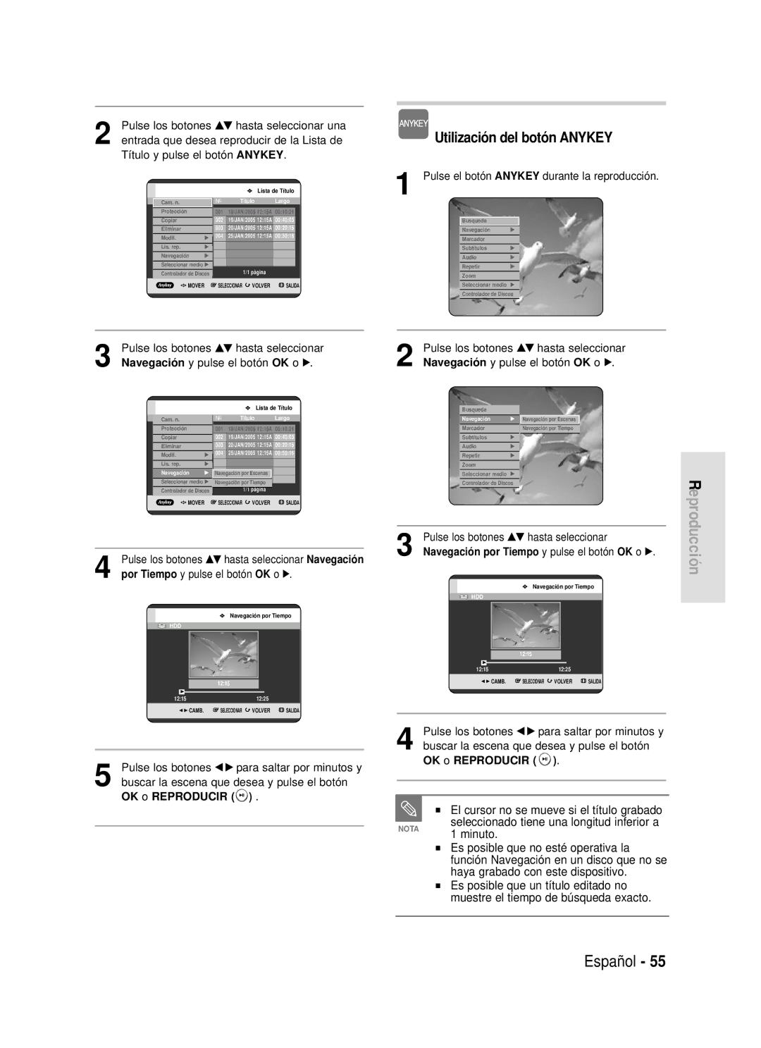 Samsung DVD-HR720/XEH El cursor no se mueve si el título grabado, Por Tiempo y pulse el botón OK o √, OK o Reproducir 