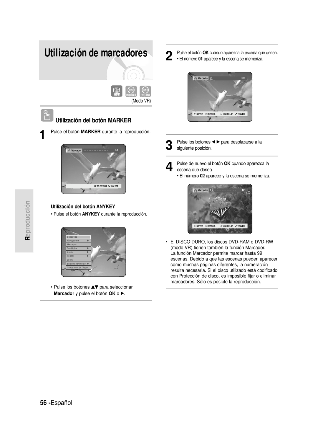 Samsung DVD-HR720/SED, DVD-HR720/XEG manual Utilización del botón Marker, Pulse el botón Marker durante la reproducción 