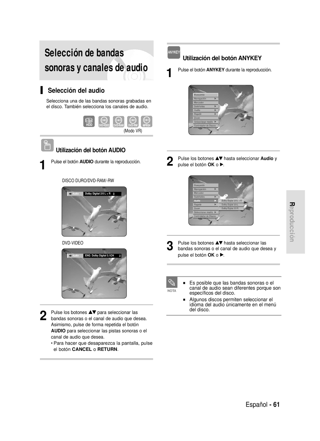 Samsung DVD-HR720/XEF manual Selección del audio, Utilización del botón Audio, Es posible que las bandas sonoras o el 