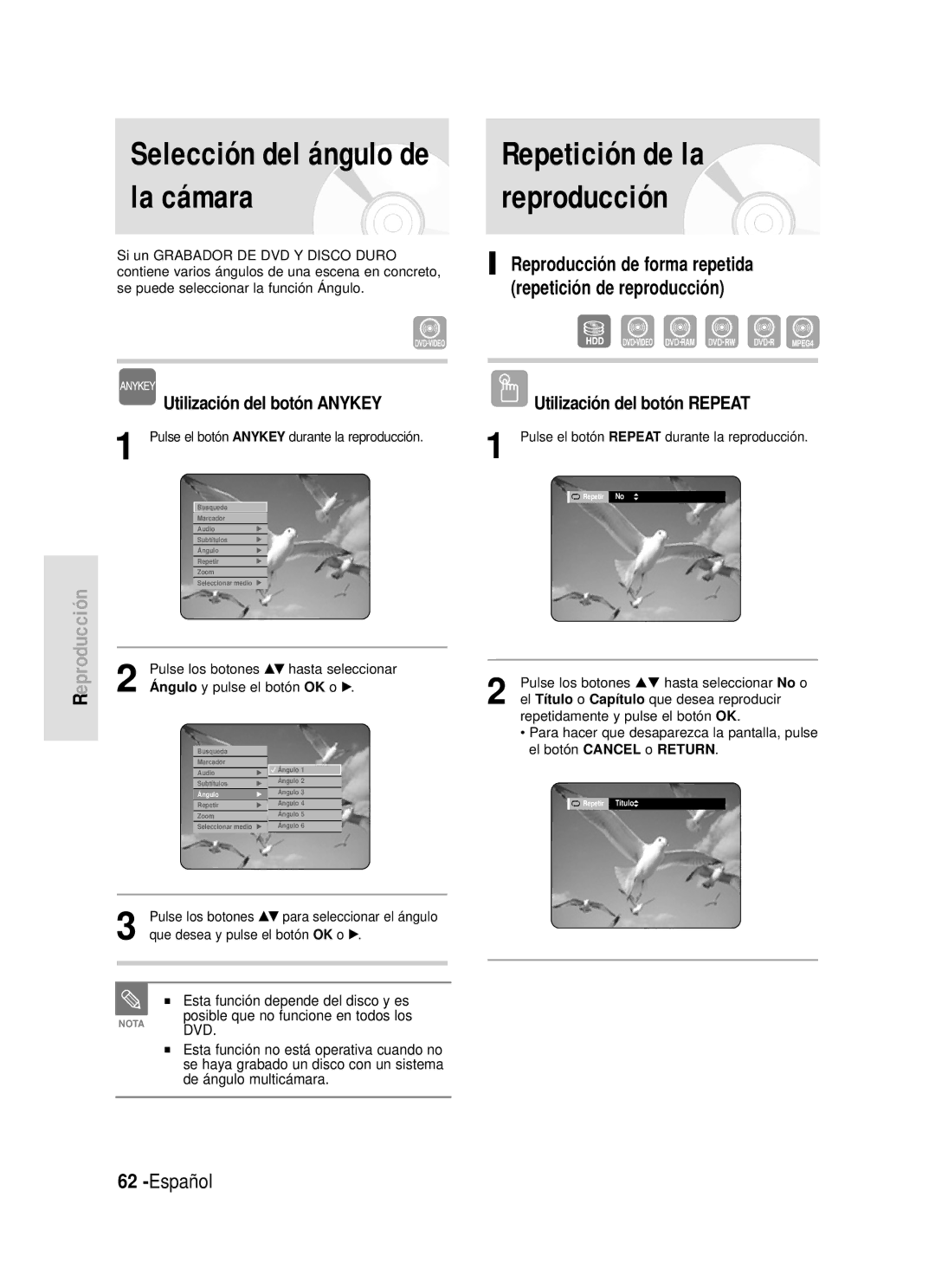 Samsung DVD-HR720/XET, DVD-HR720/XEG, DVD-HR720/XEF manual Repetición de la reproducción, Utilización del botón Repeat 