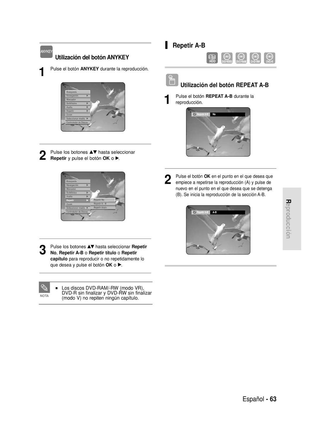 Samsung DVD-HR720/XEU, DVD-HR720/XEG manual Repetir A-B, Utilización del botón Repeat A-B, Los discos DVD-RAM/-RW modo VR 