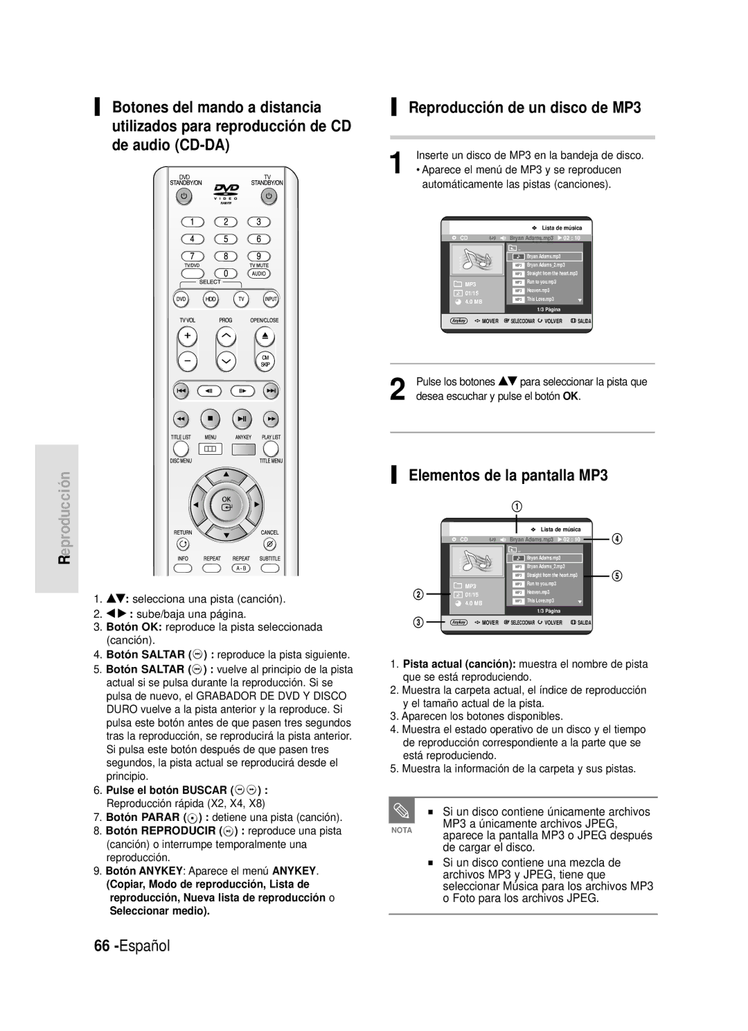 Samsung DVD-HR720/XEB manual Reproducción de un disco de MP3, Elementos de la pantalla MP3, MP3 a únicamente archivos Jpeg 