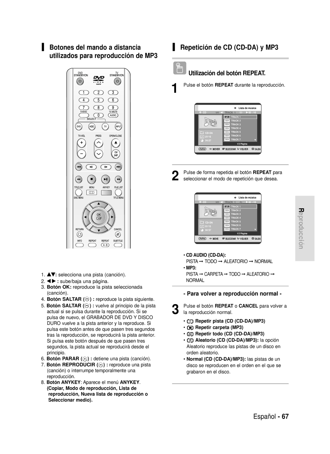 Samsung DVD-HR720/XEH, DVD-HR720/XEG, DVD-HR720/XEF, DVD-HR720/XET manual Repetición de CD CD-DA y MP3, Orden aleatorio 