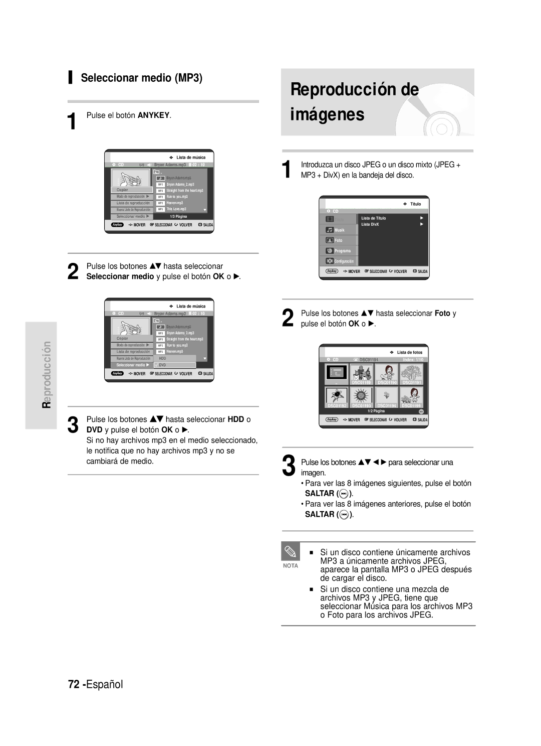 Samsung DVD-HR720/XEG Seleccionar medio MP3, Pulse los botones …† hasta seleccionar HDD o, DVD y pulse el botón OK o √ 