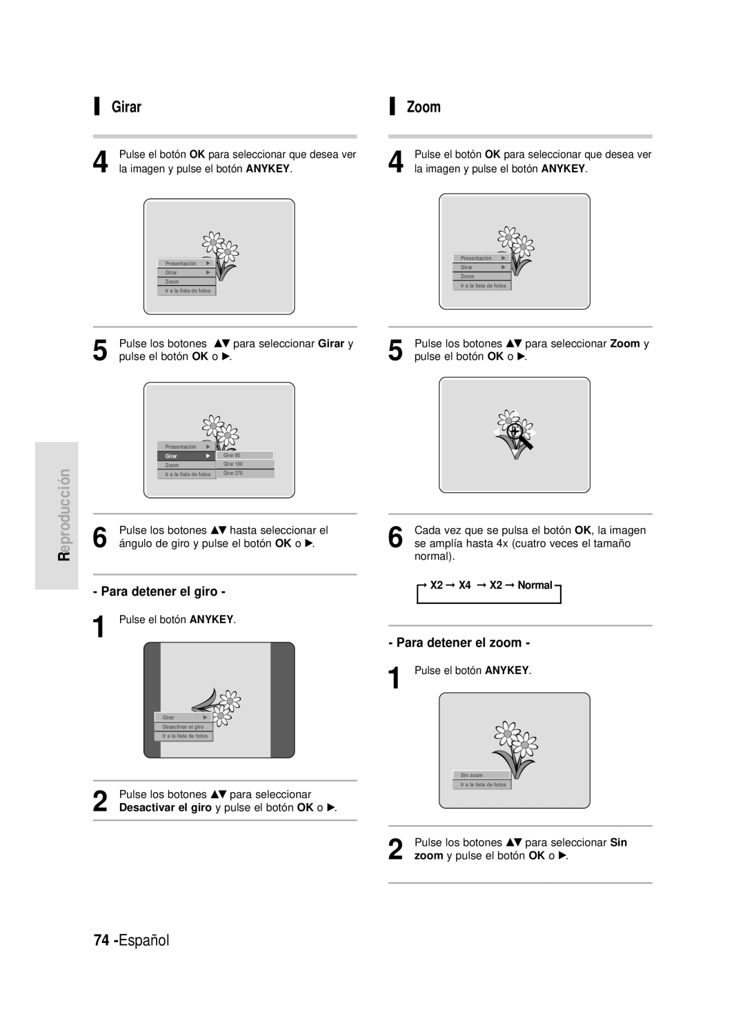 Samsung DVD-HR720/XET manual Girar, Para detener el zoom, Desactivar el giro y pulse el botón OK o √, X2 X4 X2 Normal 