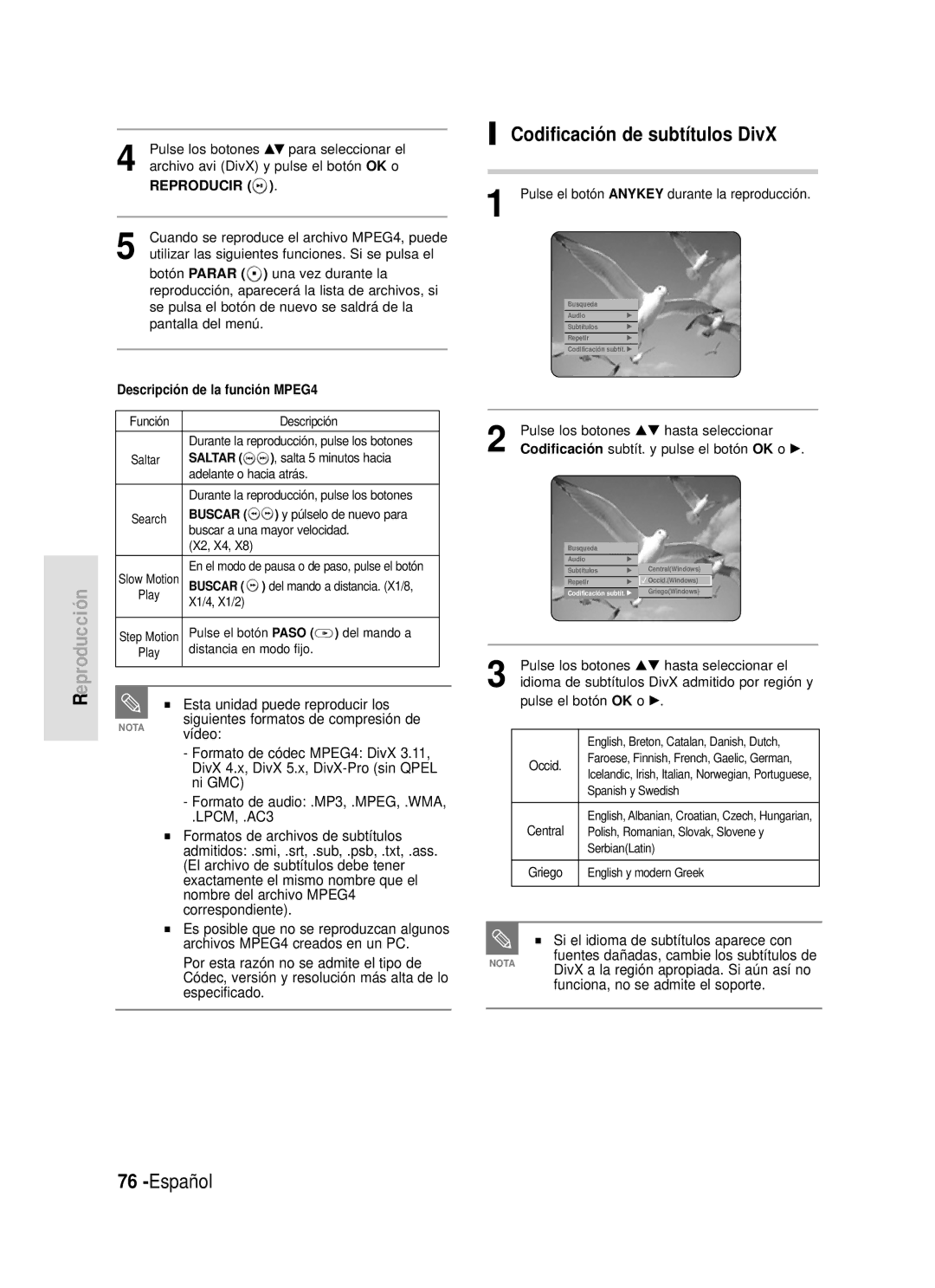 Samsung DVD-HR720/XEC, DVD-HR720/XEG, DVD-HR720/XEF Codificación de subtítulos DivX, Si el idioma de subtítulos aparece con 