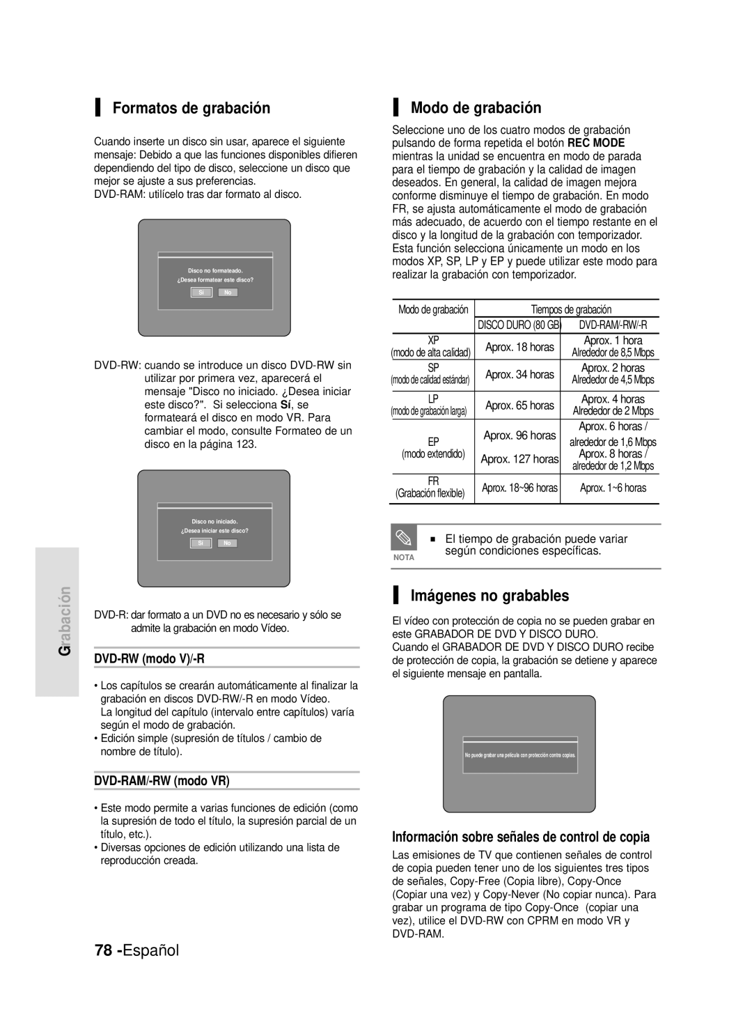 Samsung DVD-HR720/XEB, DVD-HR720/XEG, DVD-HR720/XEF manual Formatos de grabación, Modo de grabación, Imágenes no grabables 