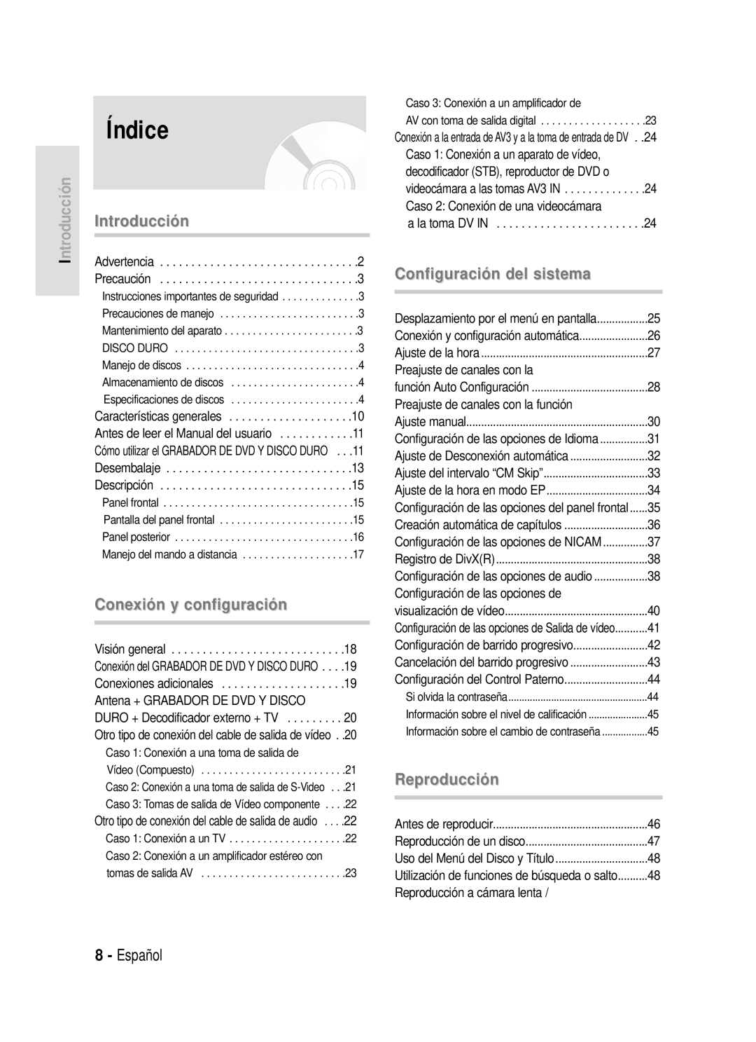 Samsung DVD-HR720/SED, DVD-HR720/XEG, DVD-HR720/XEF, DVD-HR720/XET, DVD-HR720/XEU, DVD-HR720/XEC, DVD-HR720/XEN manual Índice 