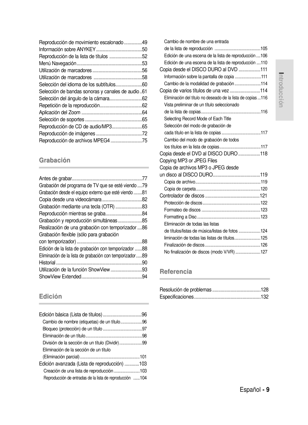 Samsung DVD-HR720/EUR manual Eliminación de la sección de un título, 104, Cambio de nombre de una entrada, 117, 124, 125 