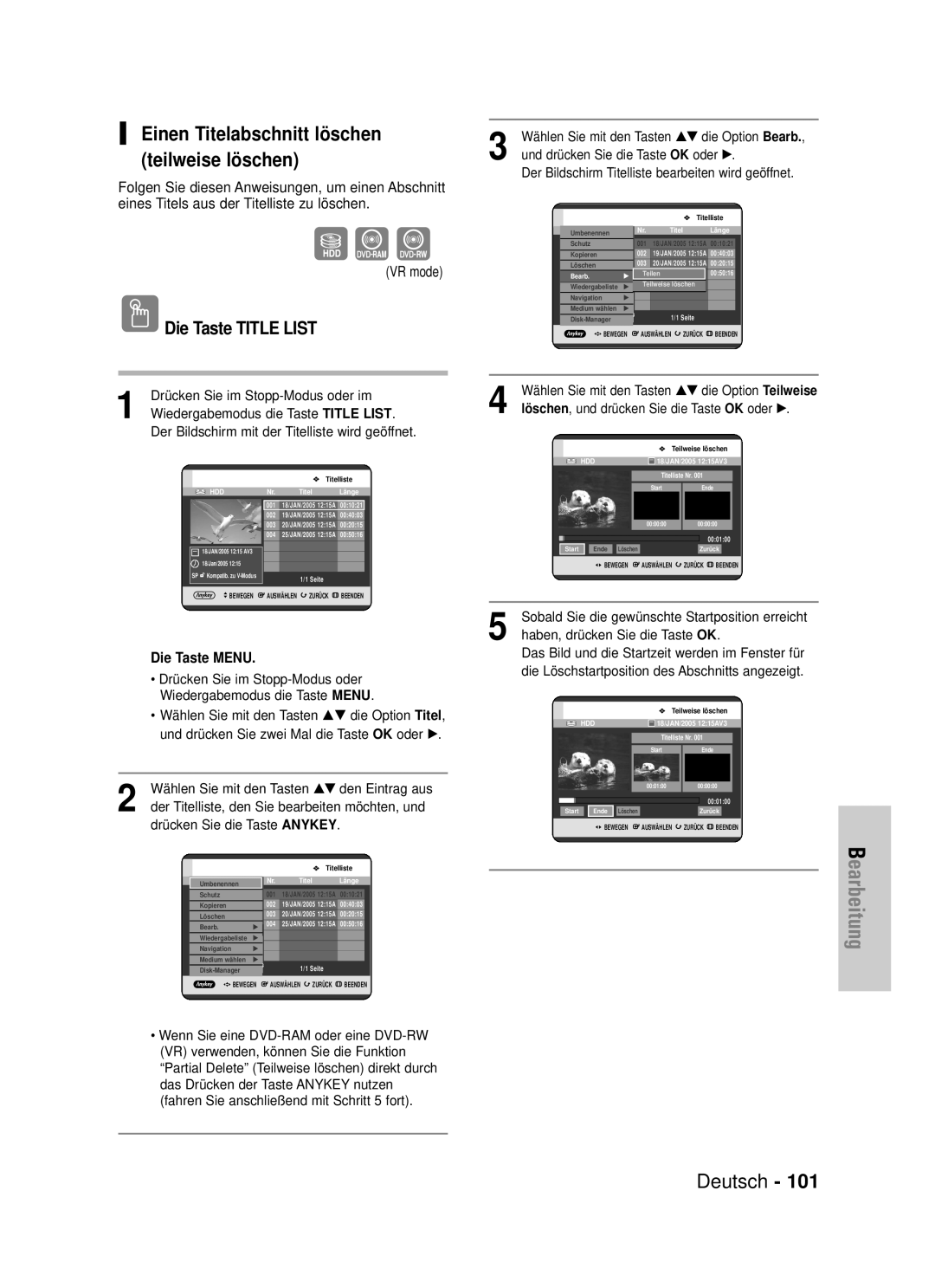 Samsung DVD-HR720/XEF manual Einen Titelabschnitt löschen teilweise löschen, VR mode, Haben, drücken Sie die Taste OK 