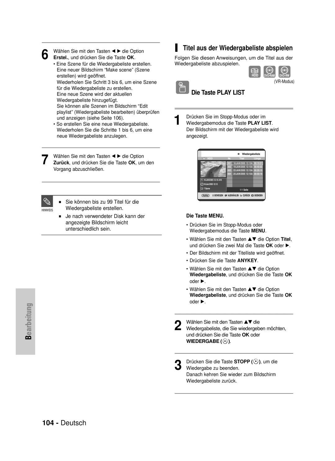 Samsung DVD-HR720/XEG manual Titel aus der Wiedergabeliste abspielen, Die Taste Play List, Wiedergabeliste erstellen 