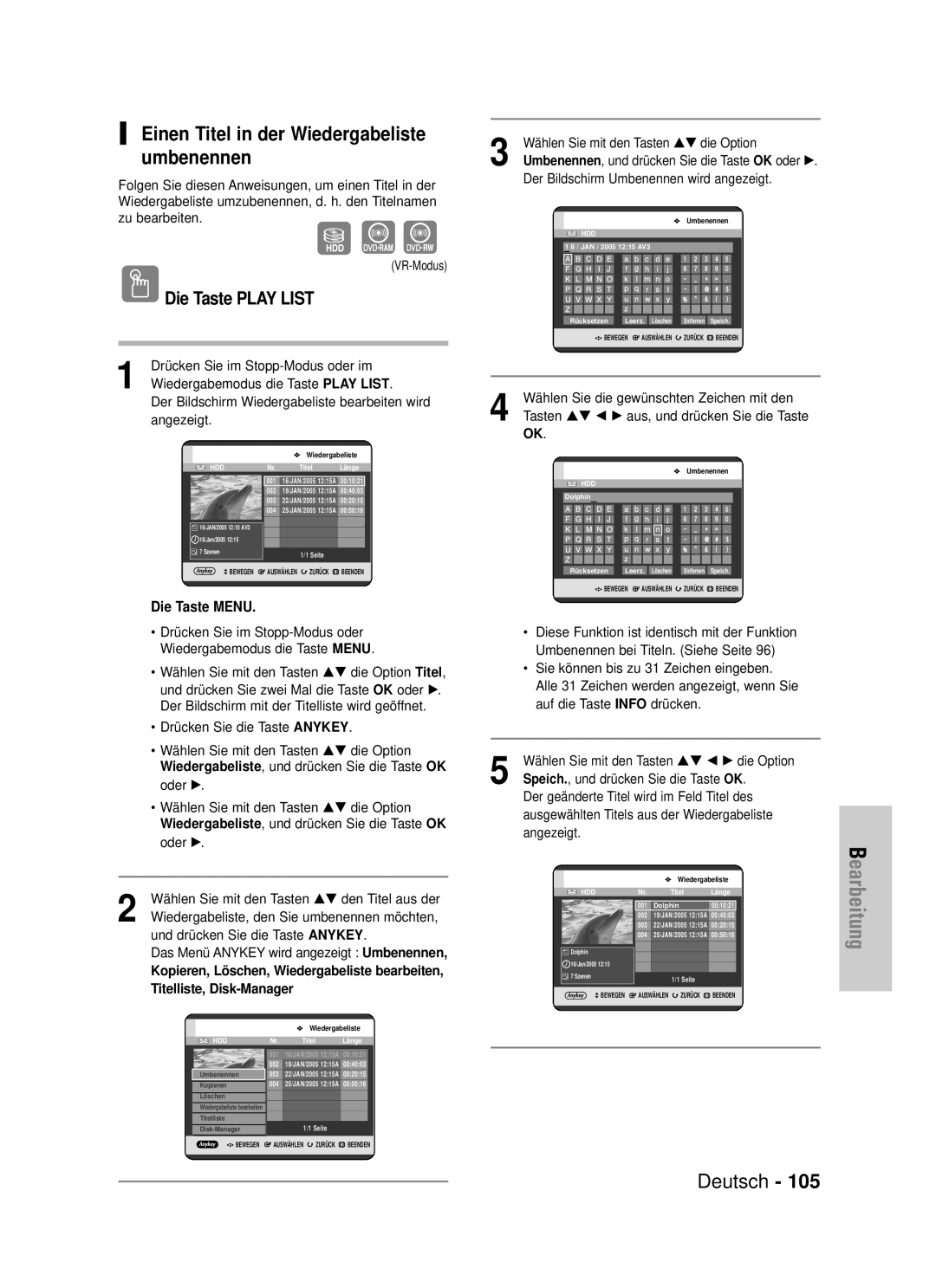 Samsung DVD-HR720/XEF, DVD-HR720/XEG manual Einen Titel in der Wiedergabeliste umbenennen 