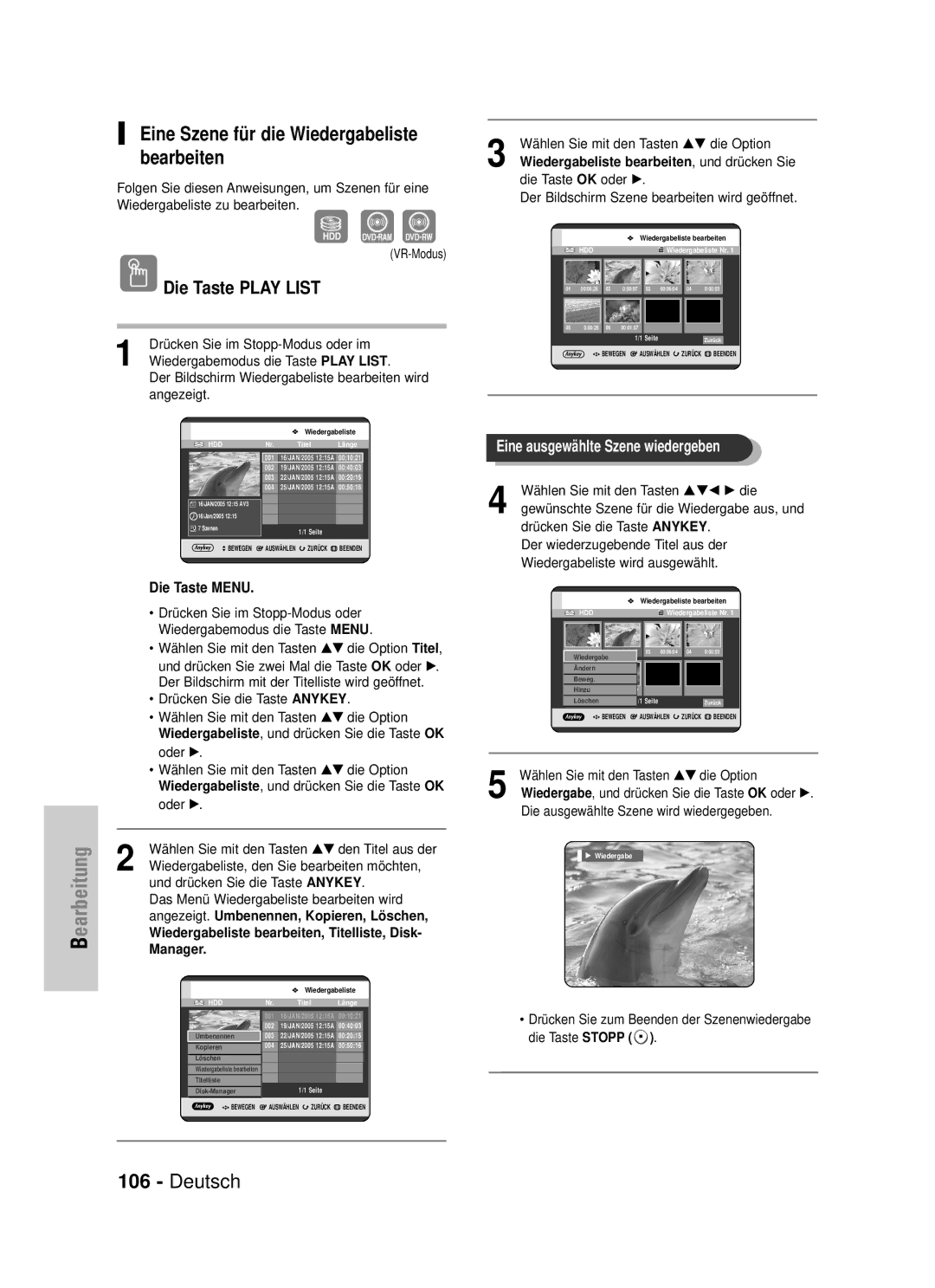 Samsung DVD-HR720/XEG Eine Szene für die Wiedergabeliste bearbeiten, Manager, Wiedergabeliste bearbeiten, und drücken Sie 