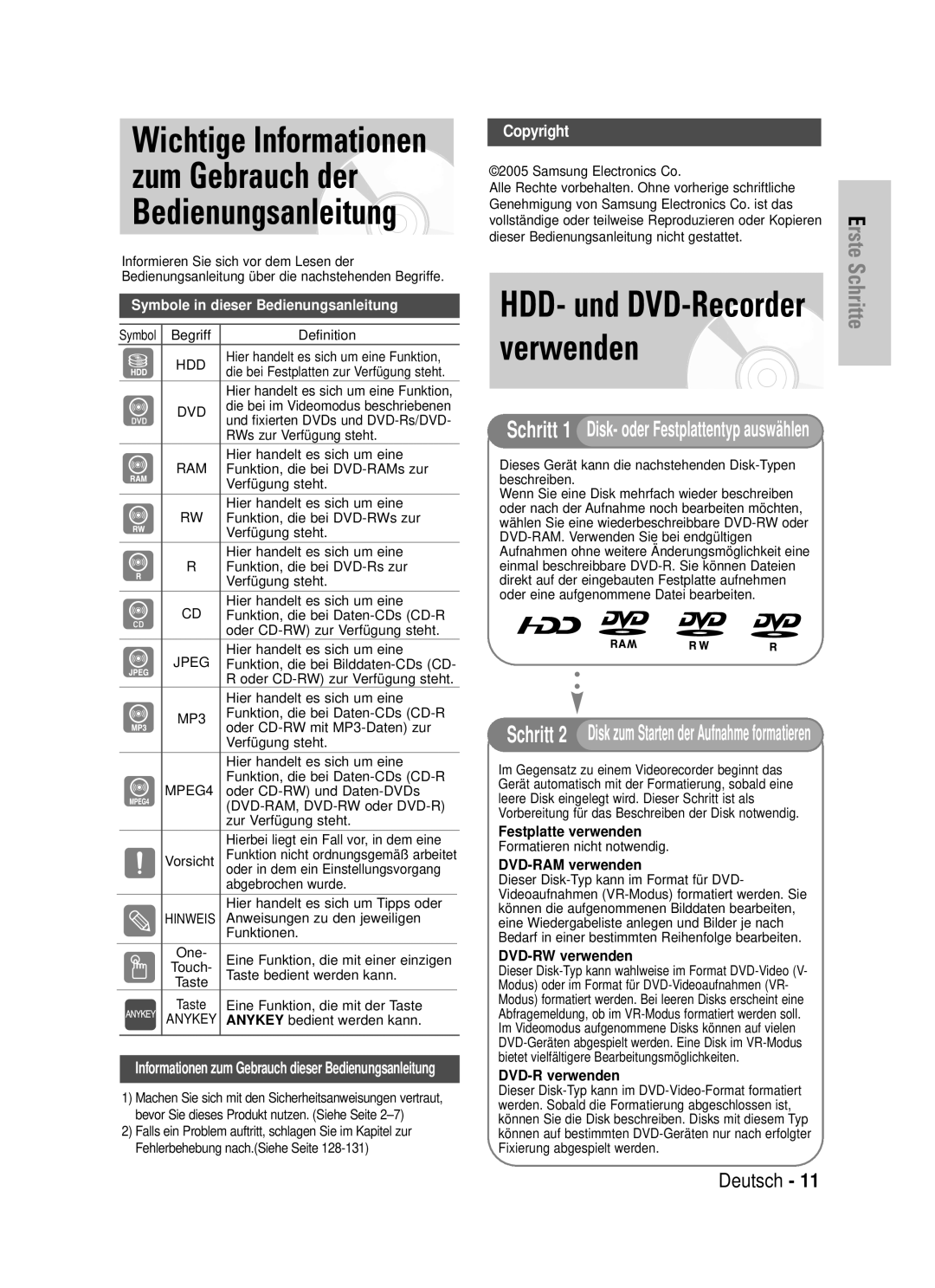 Samsung DVD-HR720/XEF, DVD-HR720/XEG manual Verwenden, Wichtige Informationen zum Gebrauch der Bedienungsanleitung 