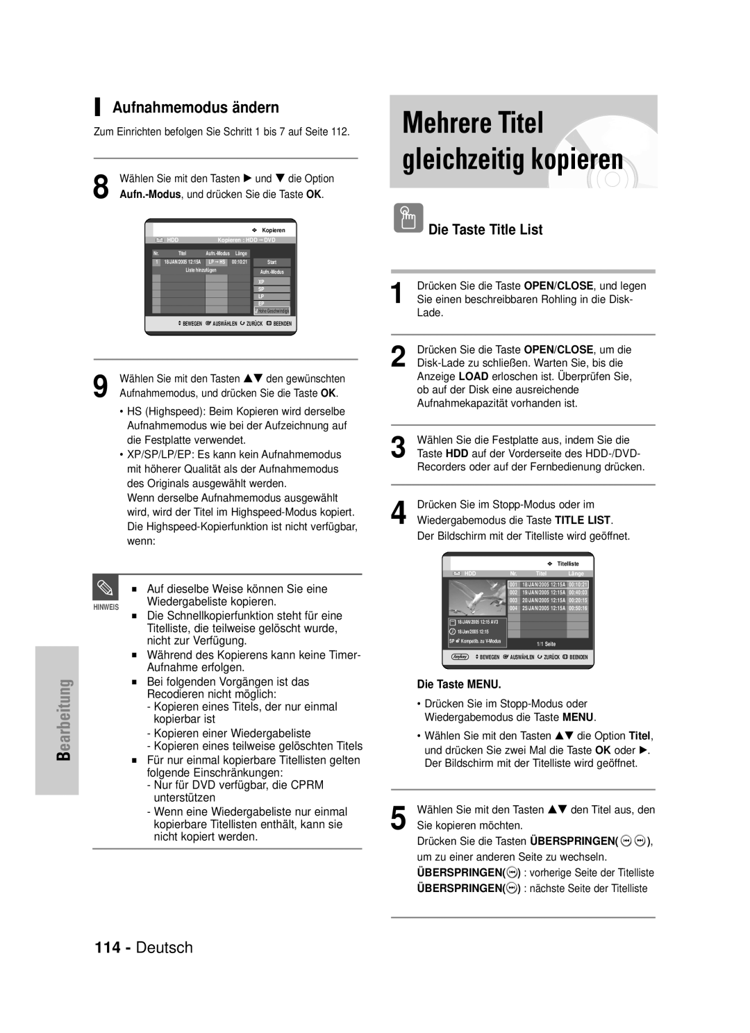 Samsung DVD-HR720/XEG, DVD-HR720/XEF manual Mehrere Titel gleichzeitig kopieren, Aufnahmemodus ändern 