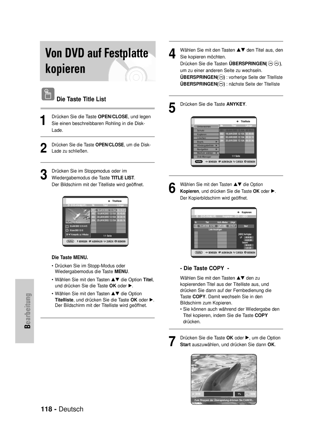 Samsung DVD-HR720/XEG, DVD-HR720/XEF manual Drücken Sie im Stoppmodus oder im, Der Kopierbildschirm wird geöffnet 