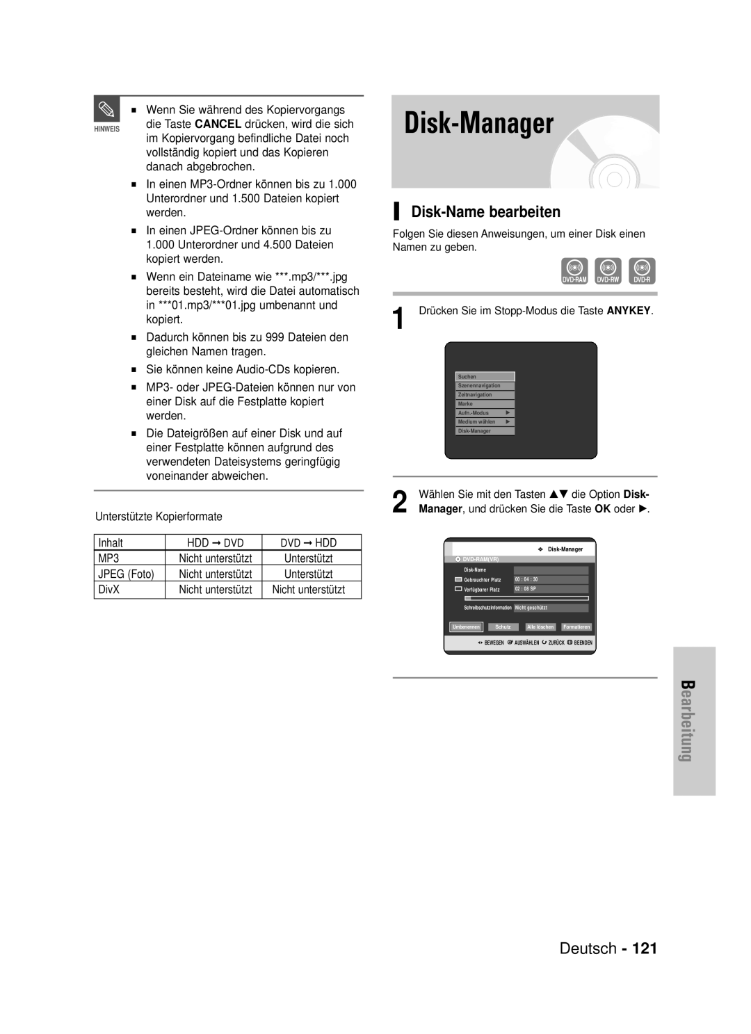 Samsung DVD-HR720/XEF, DVD-HR720/XEG manual Disk-Name bearbeiten, Wenn Sie während des Kopiervorgangs 