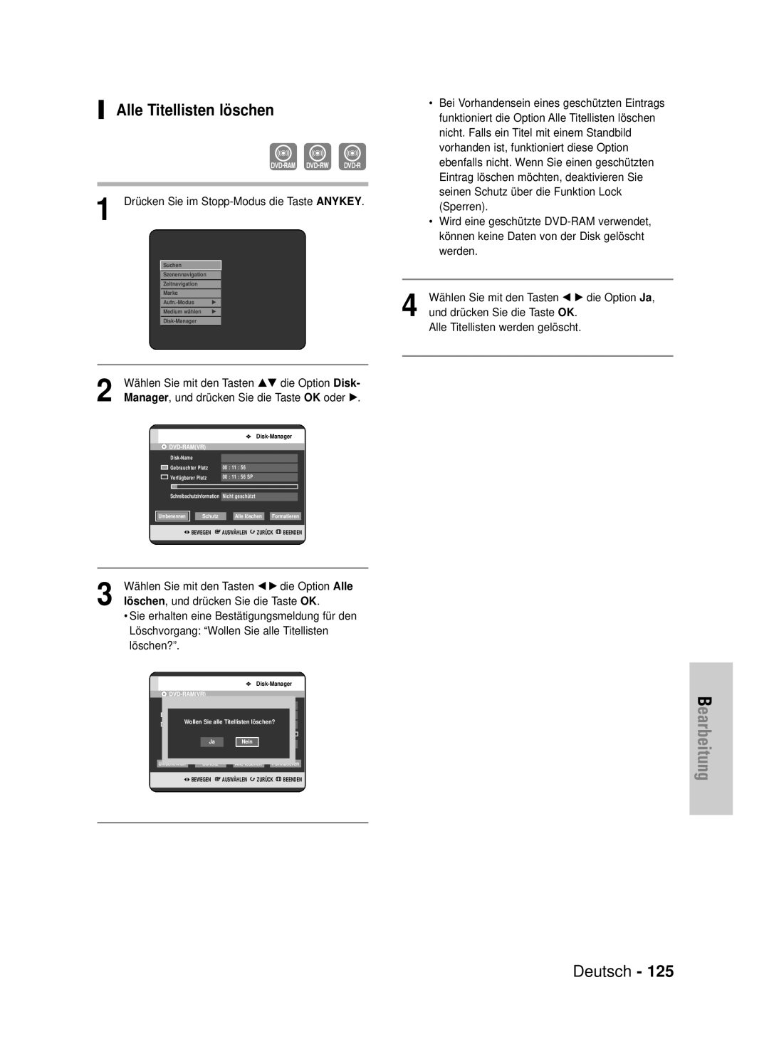 Samsung DVD-HR720/XEF, DVD-HR720/XEG manual Alle Titellisten löschen, Wählen Sie mit den Tasten …† die Option Disk 